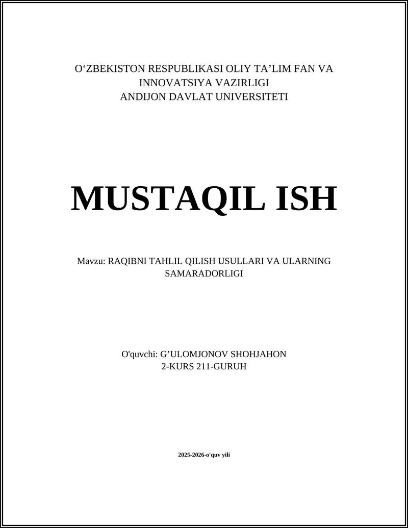 RAQIBNI TAHLIL QILISH USULLARI VA ULARNING SAMARADORLIGI