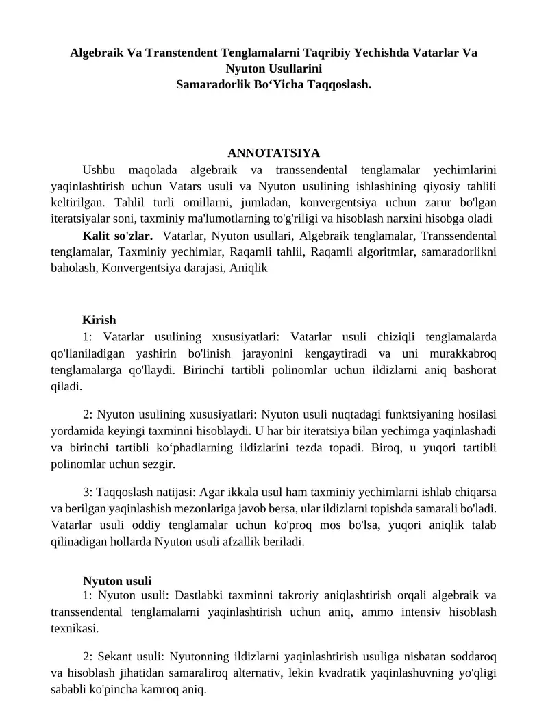Algebraik Va Transtendent Tenglamalarni Taqribiy Yechishda Vatarlar Va Nyuton Usullarini