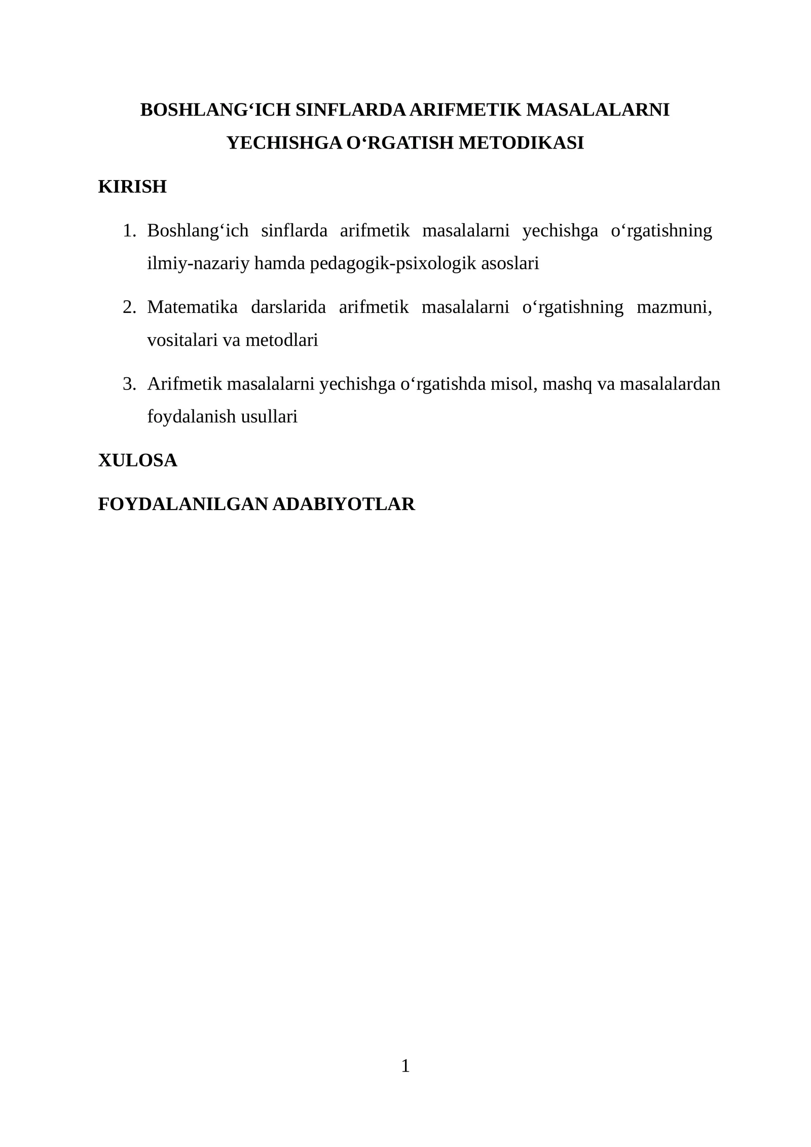 Arifmetik masalalarni yechishga o‘rgatish metodikasi