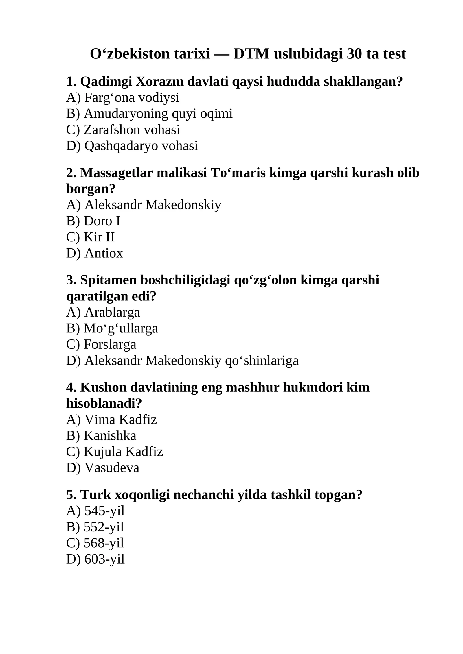 DTM uslubidagi O‘zbekiston tarixi 30 ta test