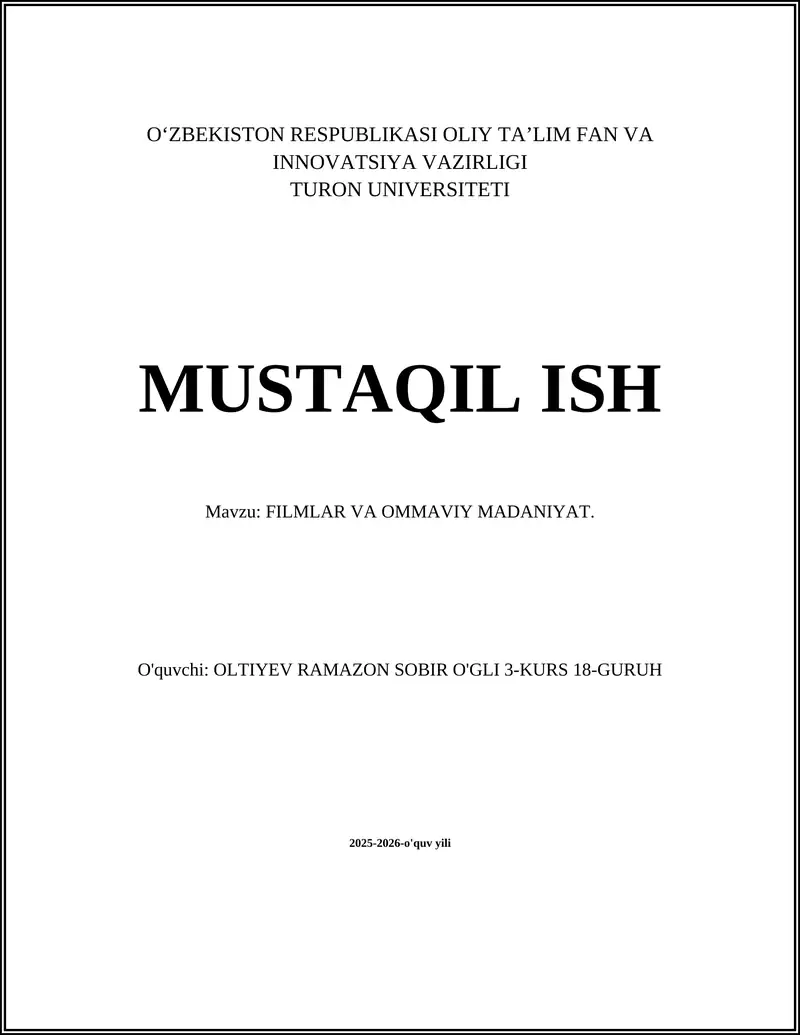 FILMLAR VA OMMAVIY MADANIYAT