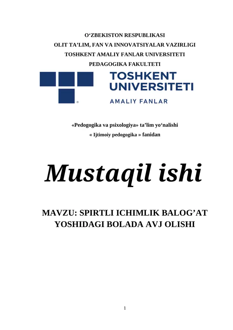 SPIRTLI ICHIMLIK BALOG’AT YOSHIDAGI BOLADA AVJ OLISHI