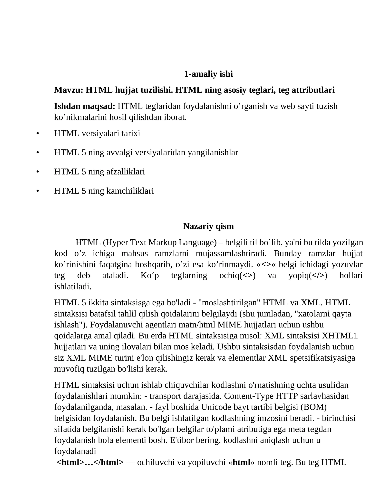 HTML hujjat tuzilishi