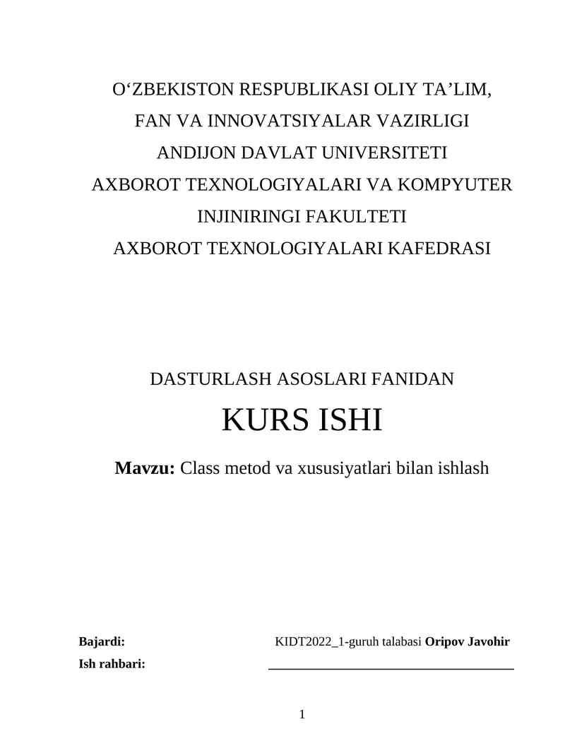 Class metod va xususiyatlari bilan ishlash