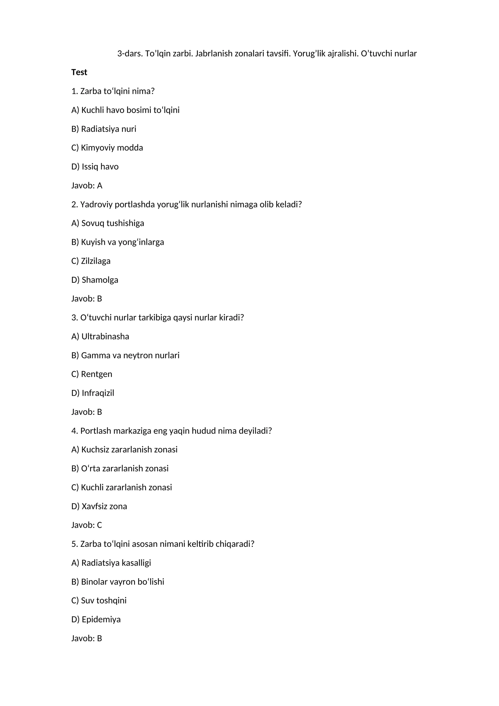 To’lqin zarbi. Jabrlanish zonalari tavsifi. Yorug’lik ajralishi. O’tuvchi nurlar