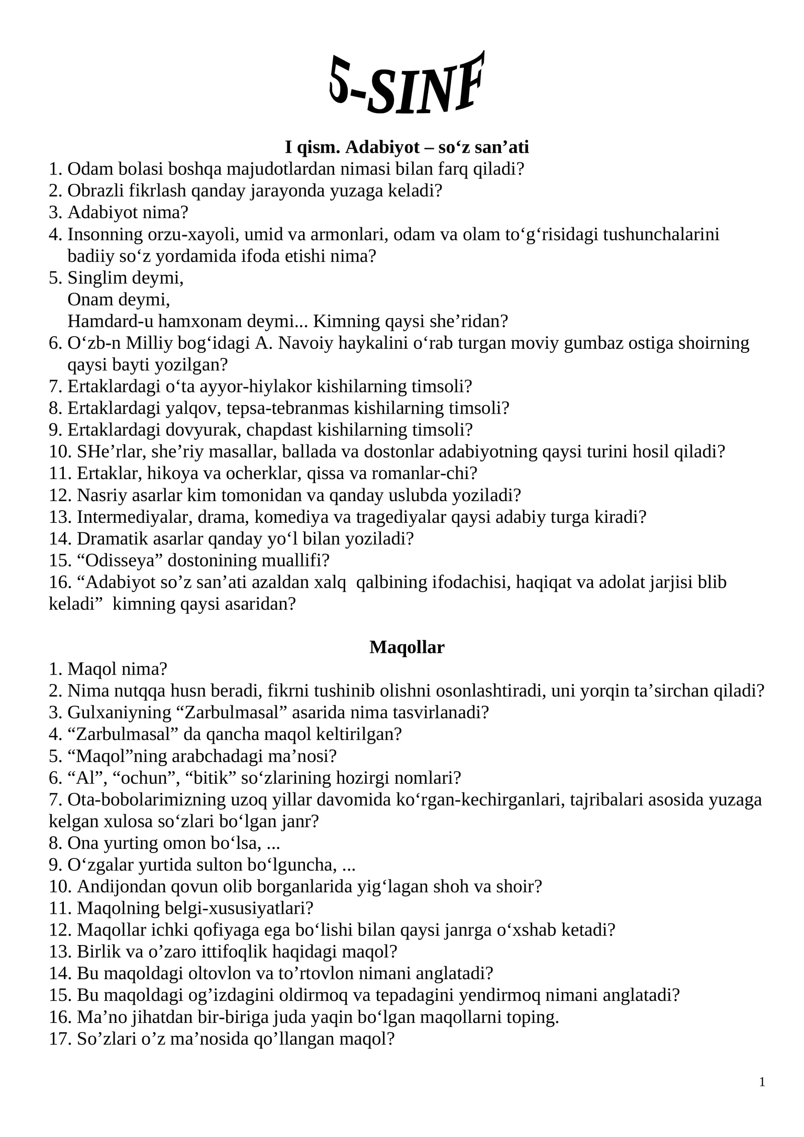 5-SINF I qism. Adabiyot – so‘z san’ati