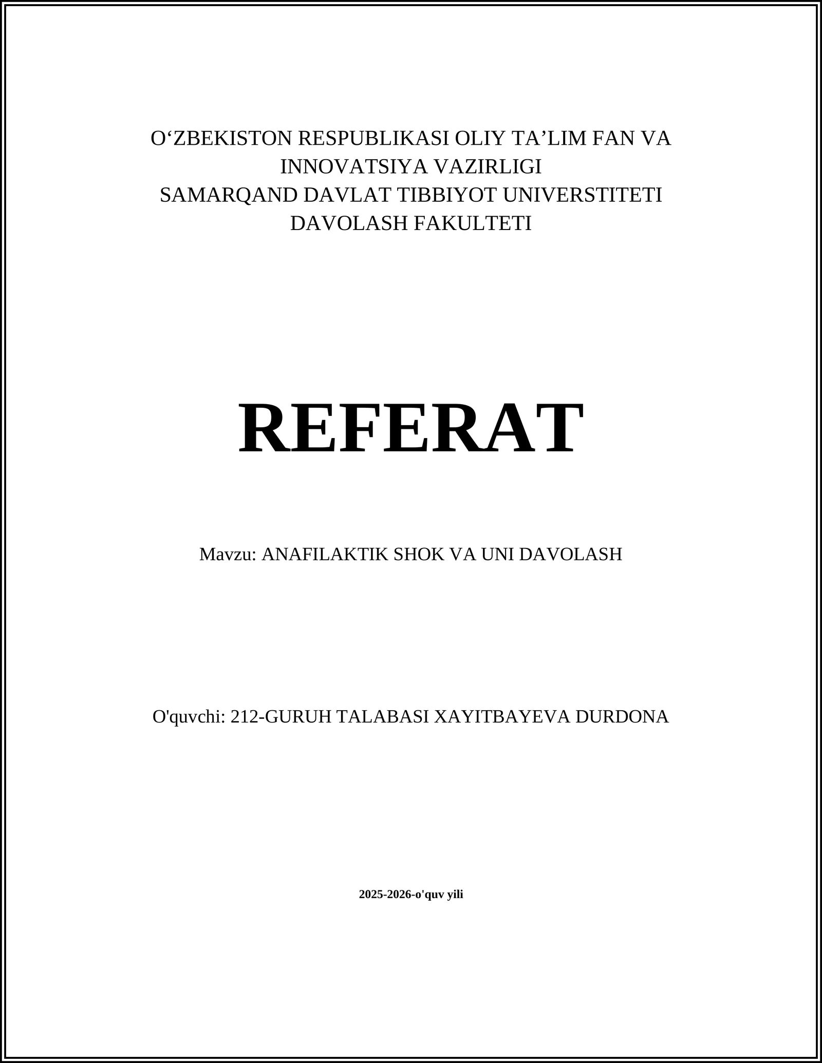 ANAFILAKTIK SHOK VA UNI DAVOLASH