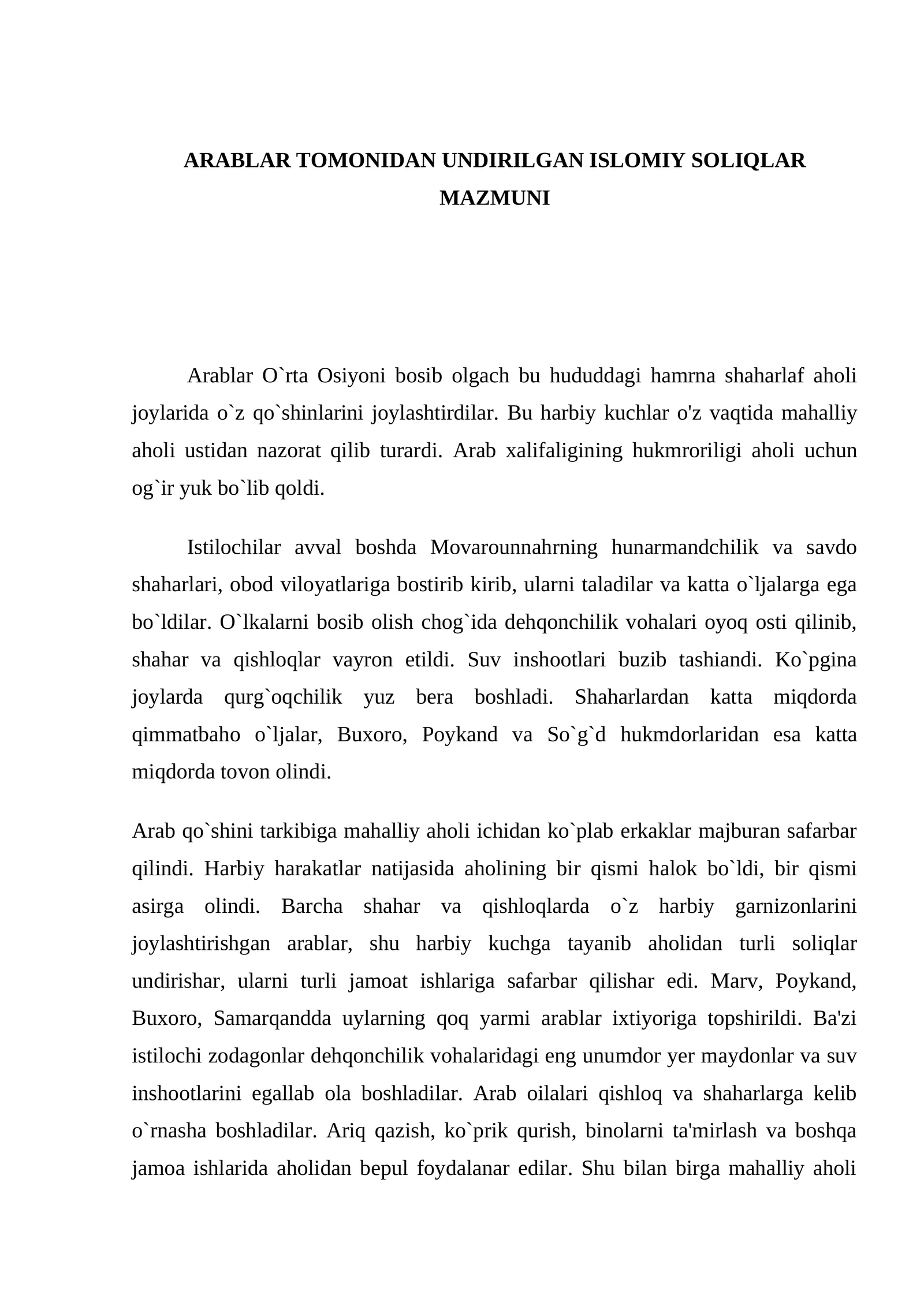 Arablar Tomonidan Undirilgan Isloviy Soliqlar Mazmuni