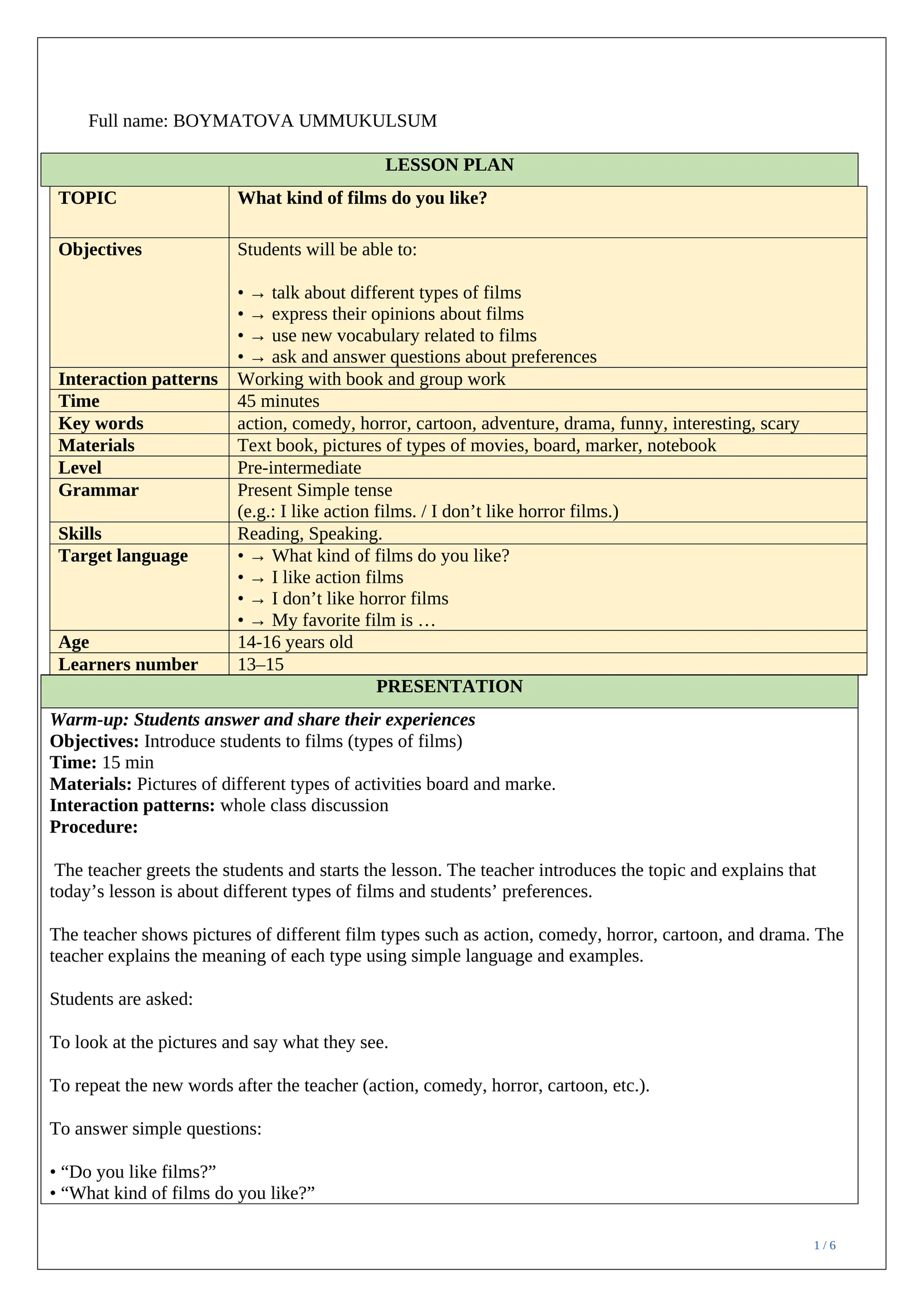 Lesson plan ESP What kind of films do you like