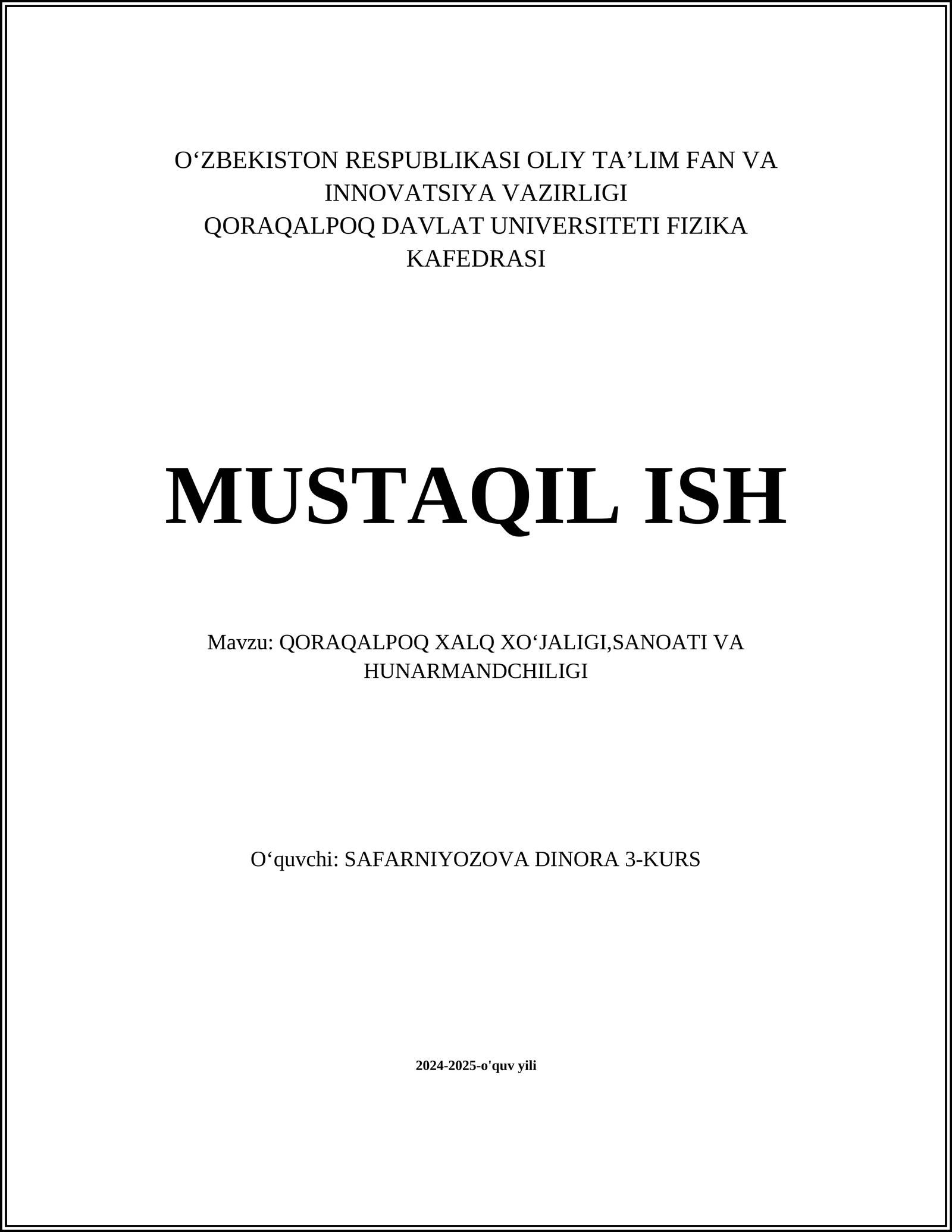 QORAQALPOQ XALQ XO‘JALIGI,SANOATI VA HUNARMANDCHILIGI