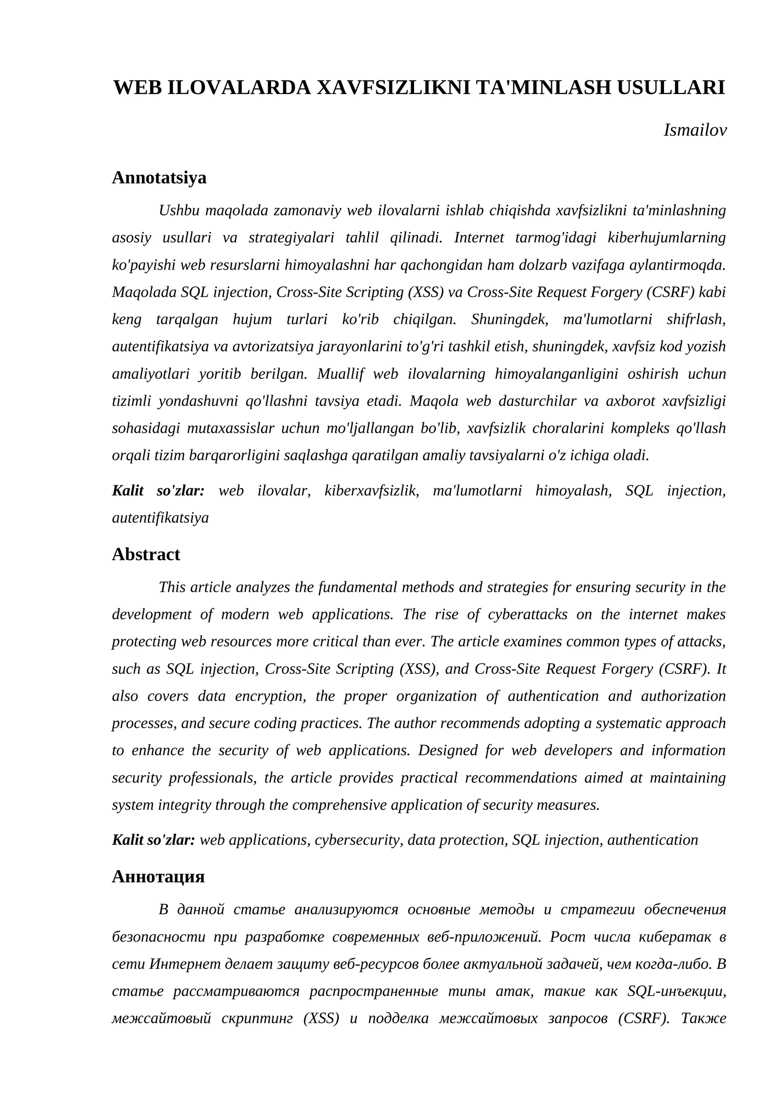 WEB ILOVALARDA XAVFSIZLIKNI TA'MINLASH USULLARI