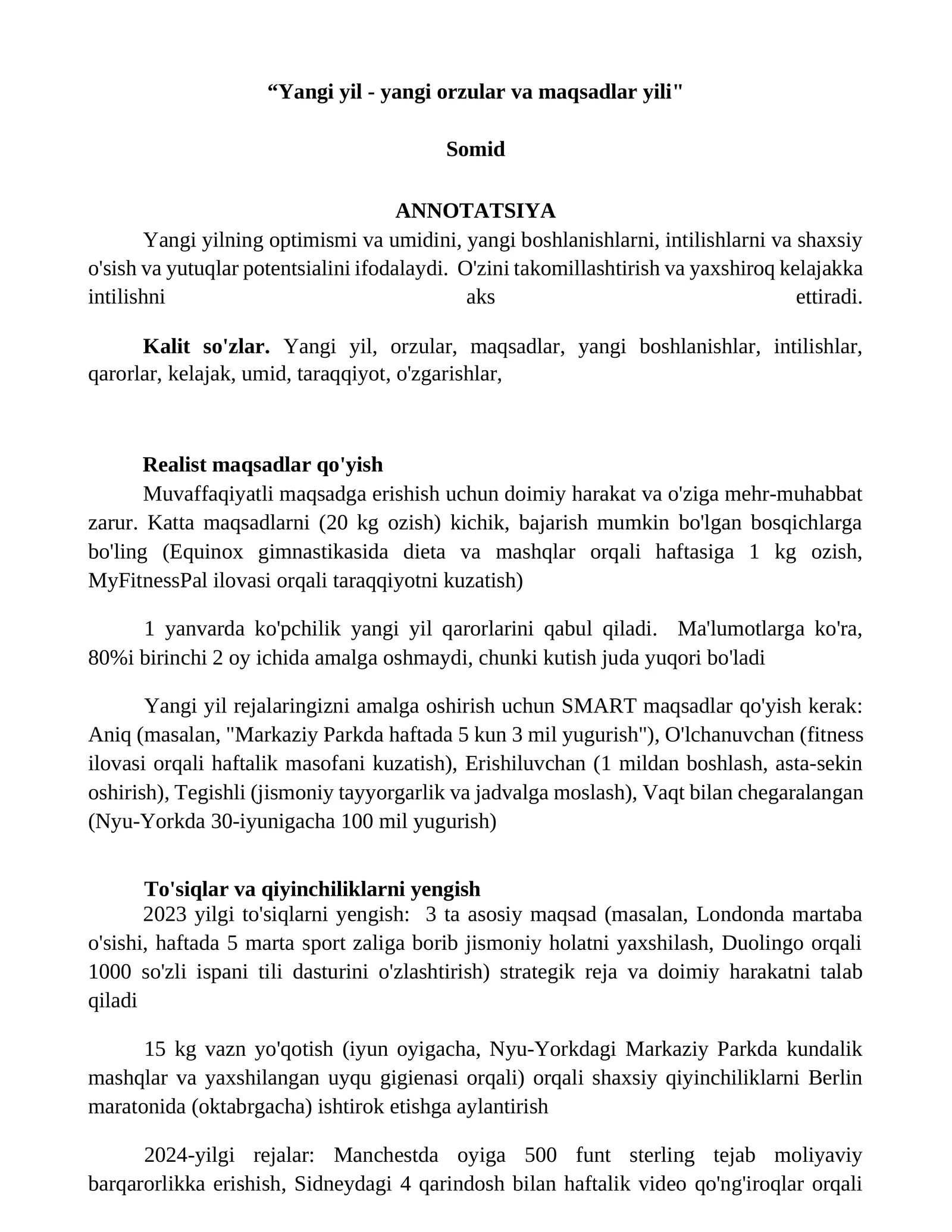 Yangi yil - yangi orzular va maqsadlar yili