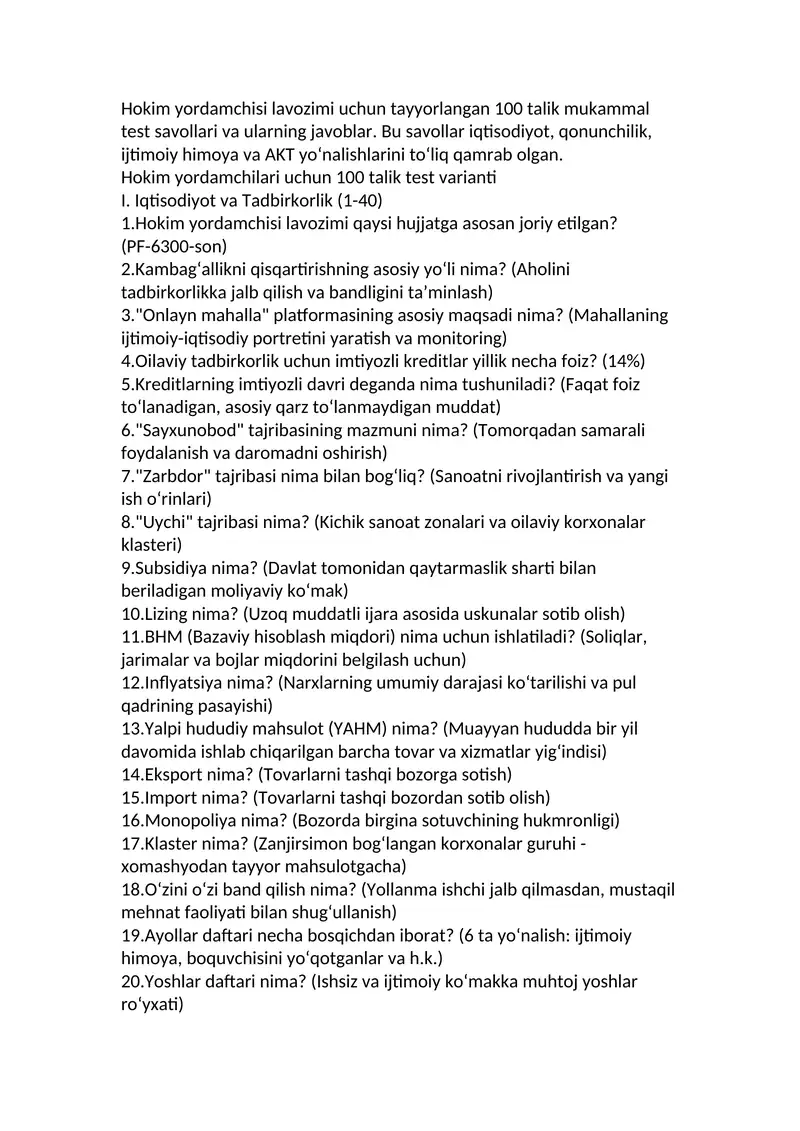 Hokim yordamchisi lavozimi uchun tayyorlangan 100 talik test savollari va ularning javoblar