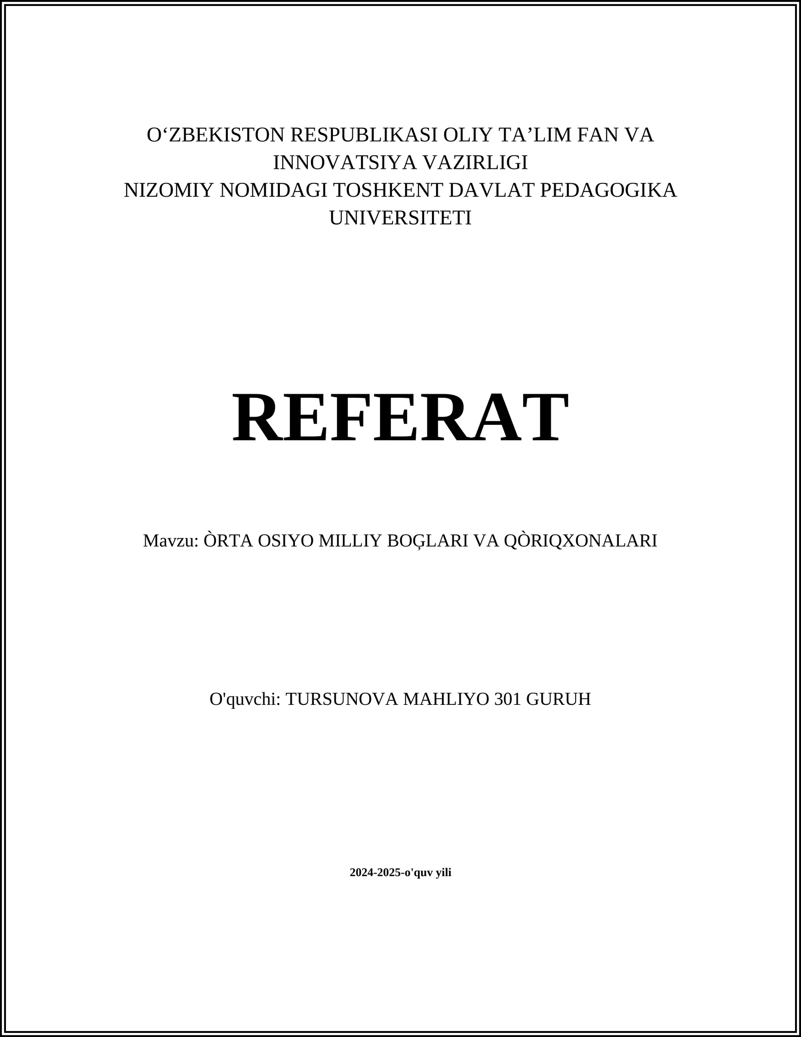 ÒRTA OSIYO MILLIY BOĢLARI VA QÒRIQXONALARI