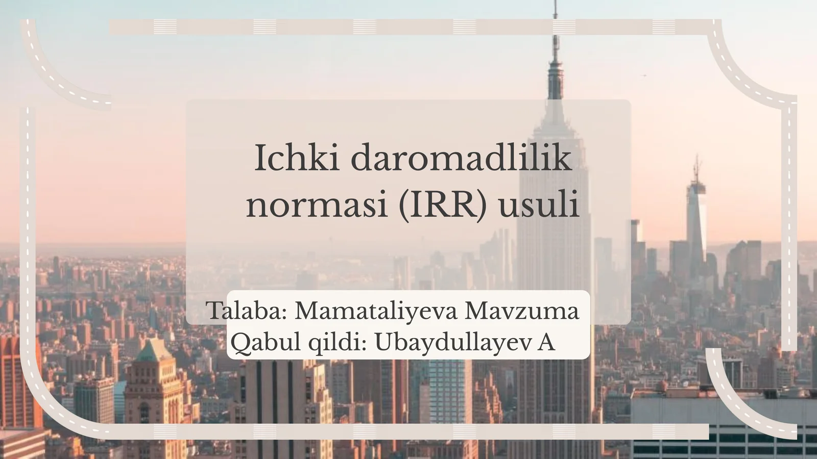 Ichki daromadlilik normasi (IRR) usuli