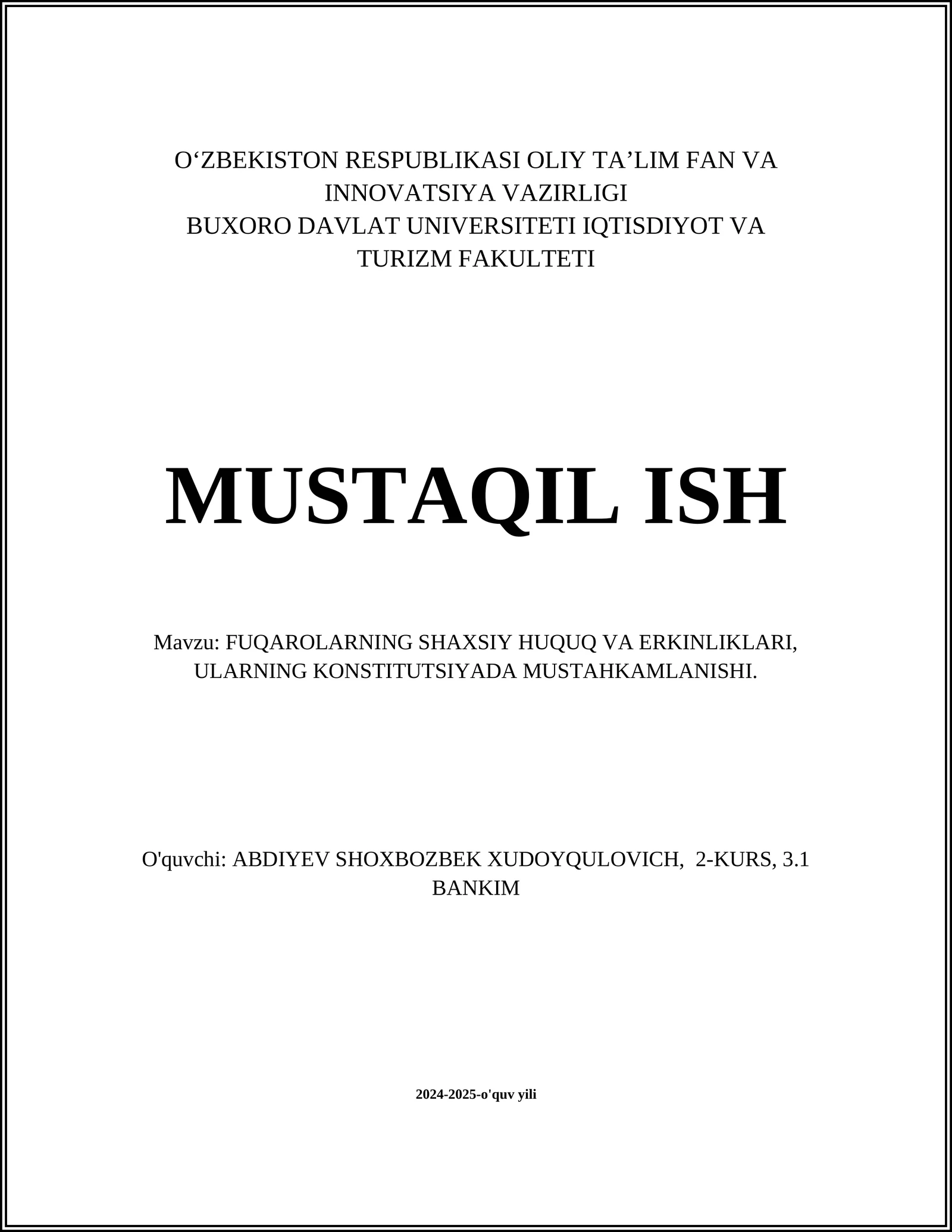 FUQAROLARNING SHAXSIY HUQUQ VA ERKINLIKLARI