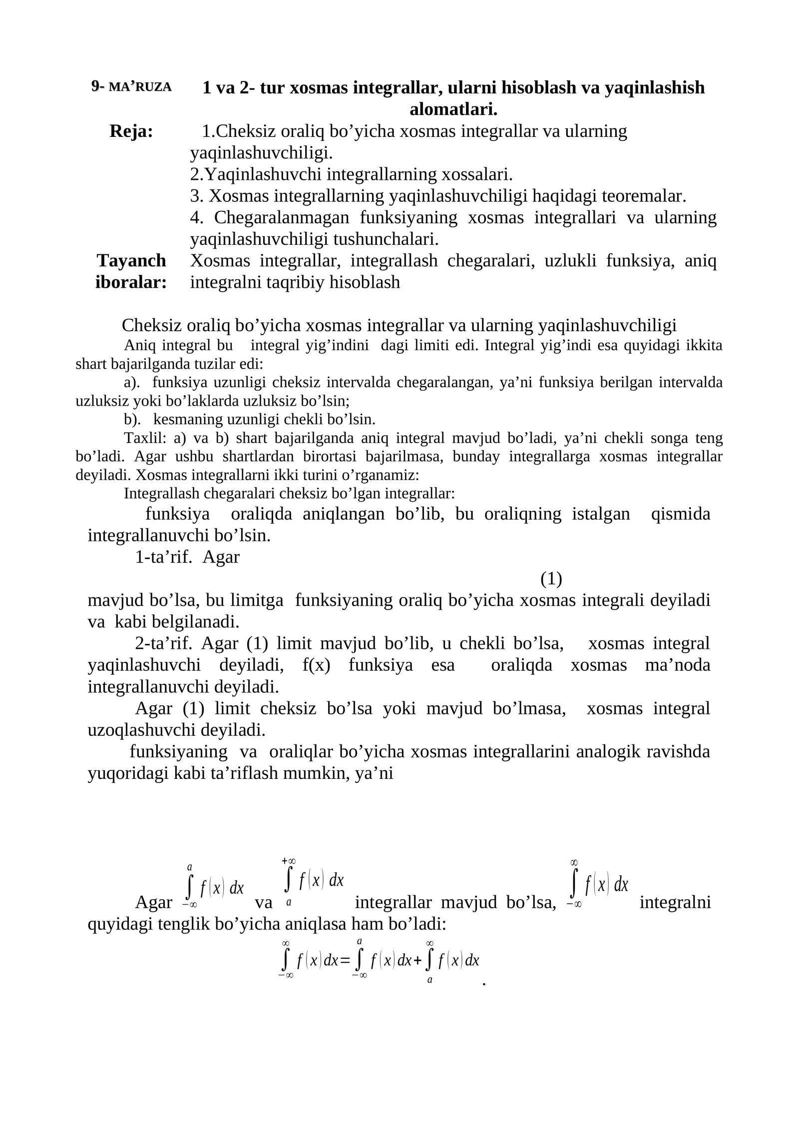 Xosmas integrallar va ularning yaqinlashuvchiligi