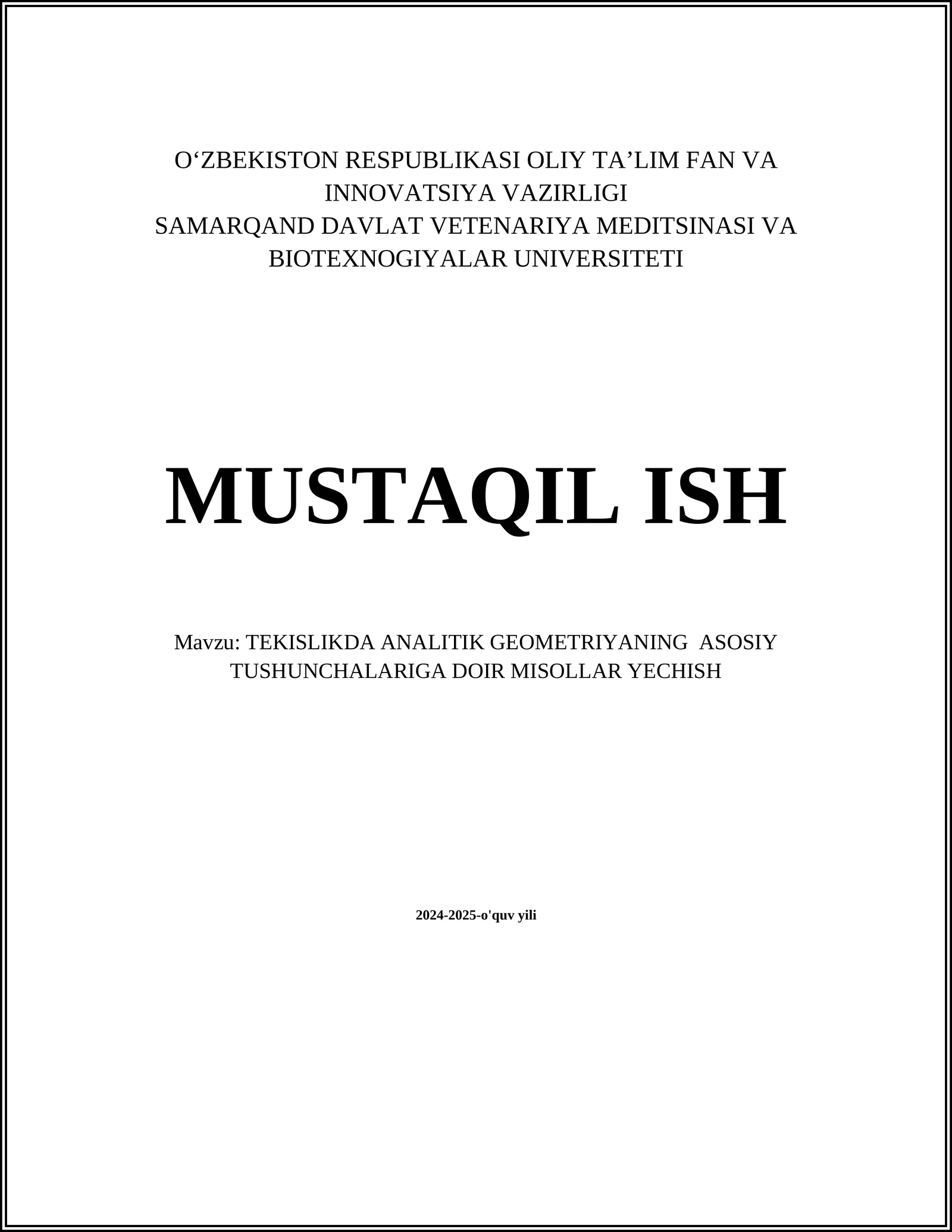 TEKISLIKDA ANALITIK GEOMETRIYANING ASOSIY TUSHUNCHALARIGA DOIR MISOLLAR YECHISH