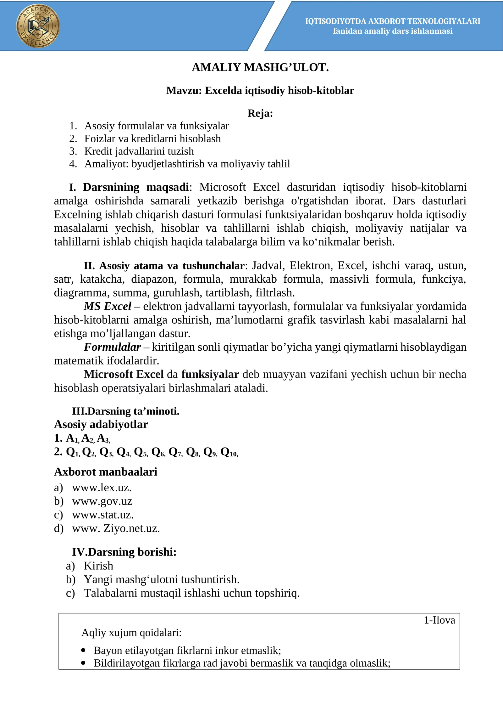 Excelda iqtisodiy hisob-kitoblar amaliy dars ishlanmasi