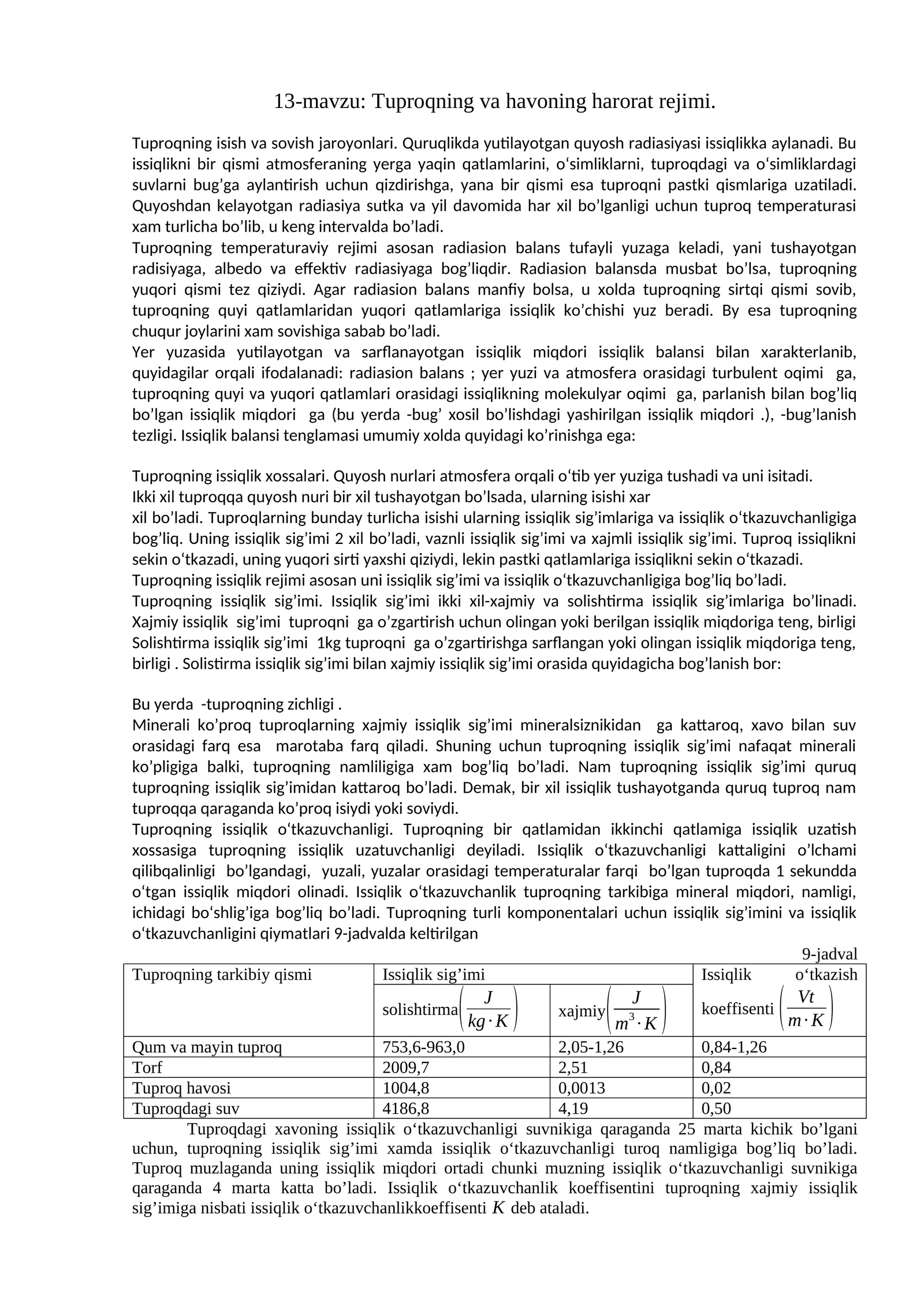 Tuproqning va havoning harorat rejimi