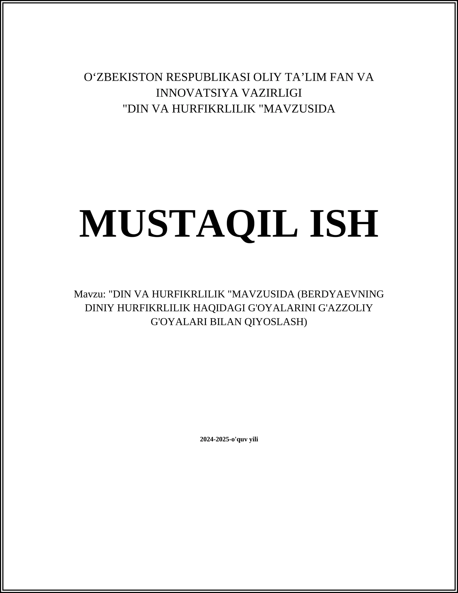 DIN VA HURFIKRLILIK "MAVZUSIDA MUSTAQIL ISH