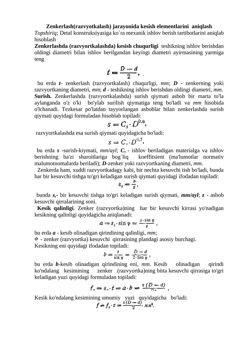 Zenkerlash(razvyotkalash) jarayonida kesish elementlarini aniqlash