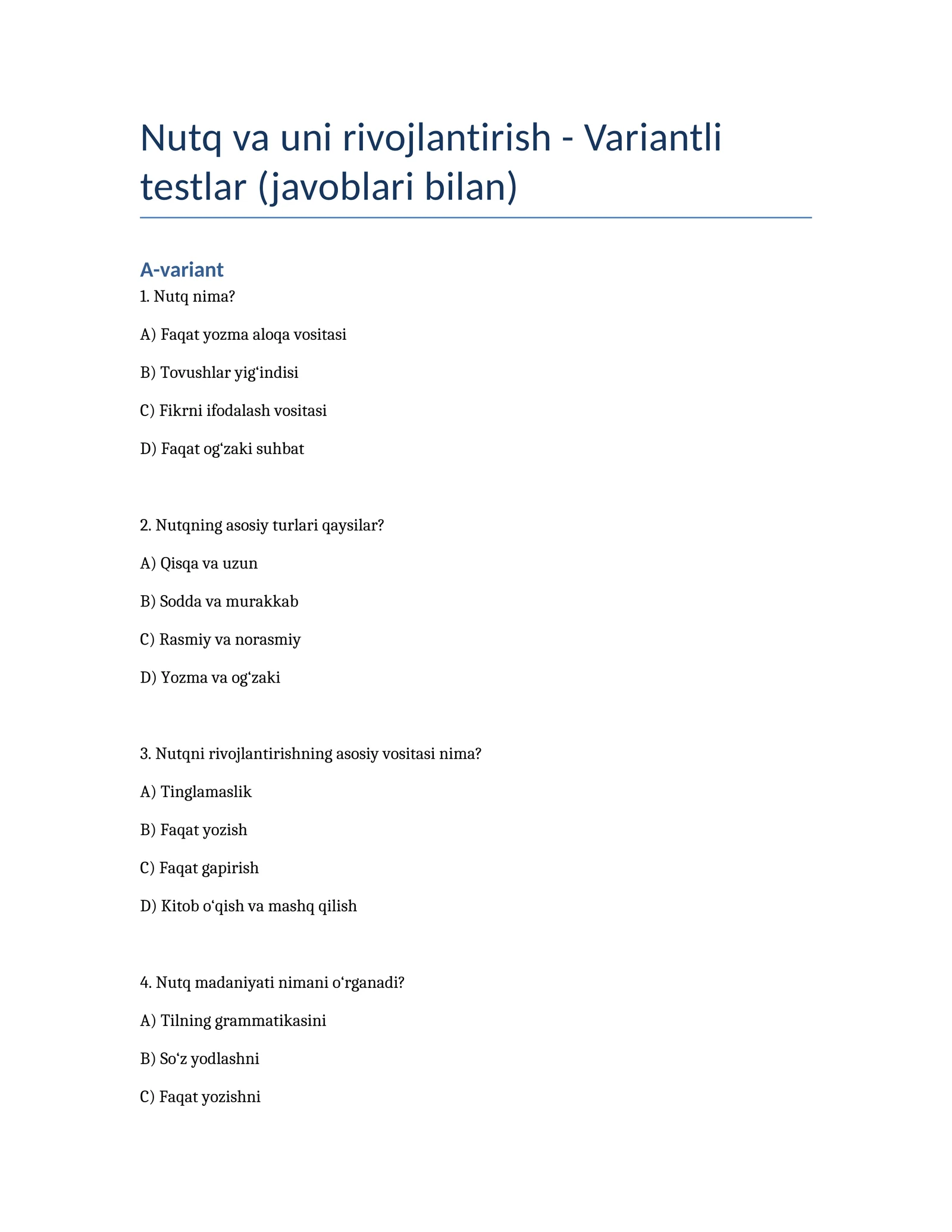 Nutq va uni rivojlantirish - Variantli testlar (javoblari bilan)