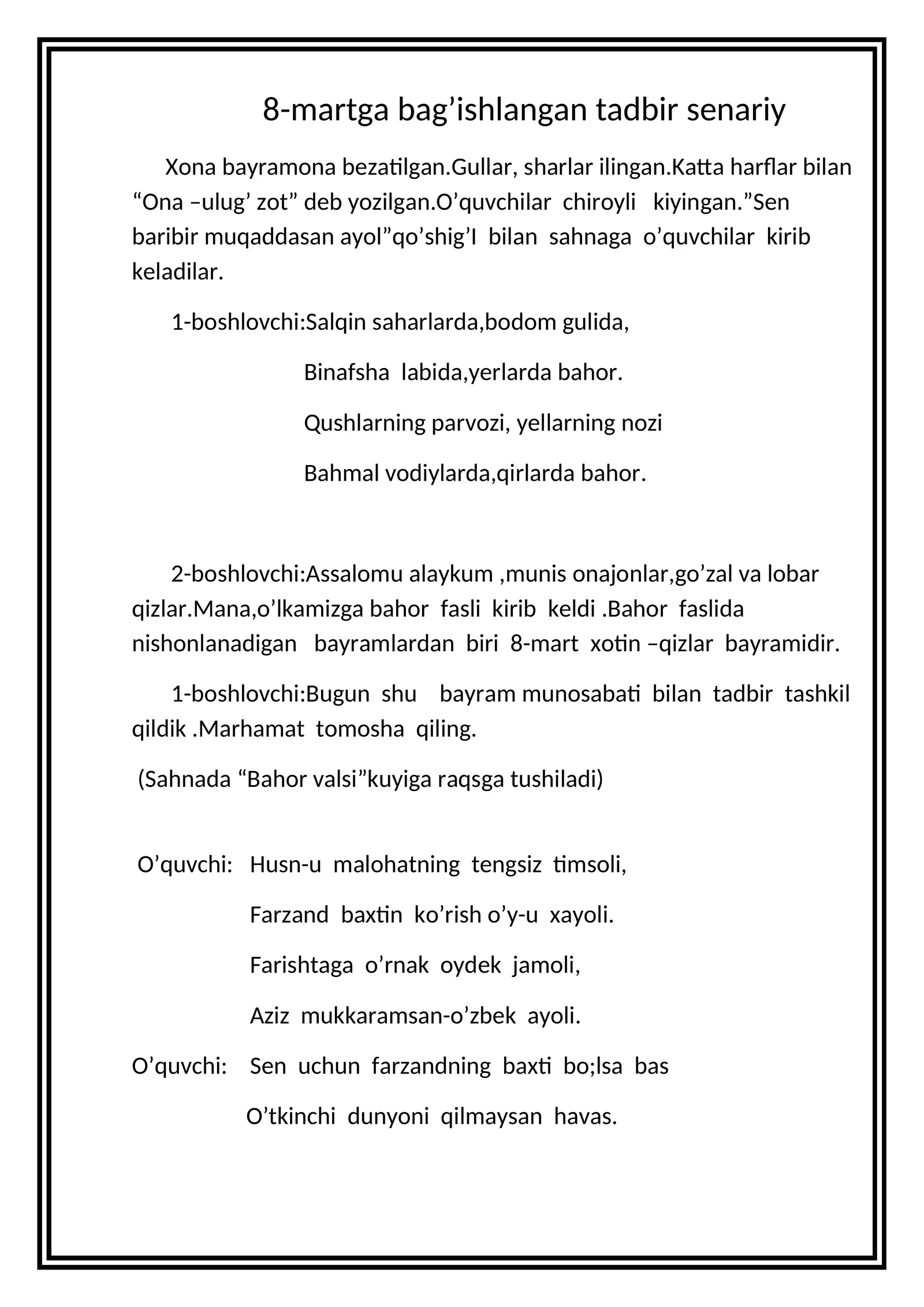 8-martga bag’ishlangan tadbir senariy