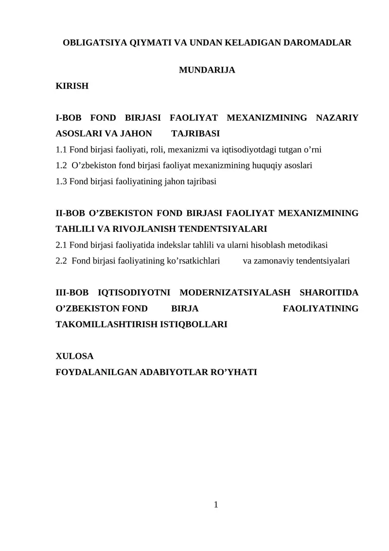 OBLIGATSIYA QIYMATI VA UNDAN KELADIGAN DAROMADLAR
