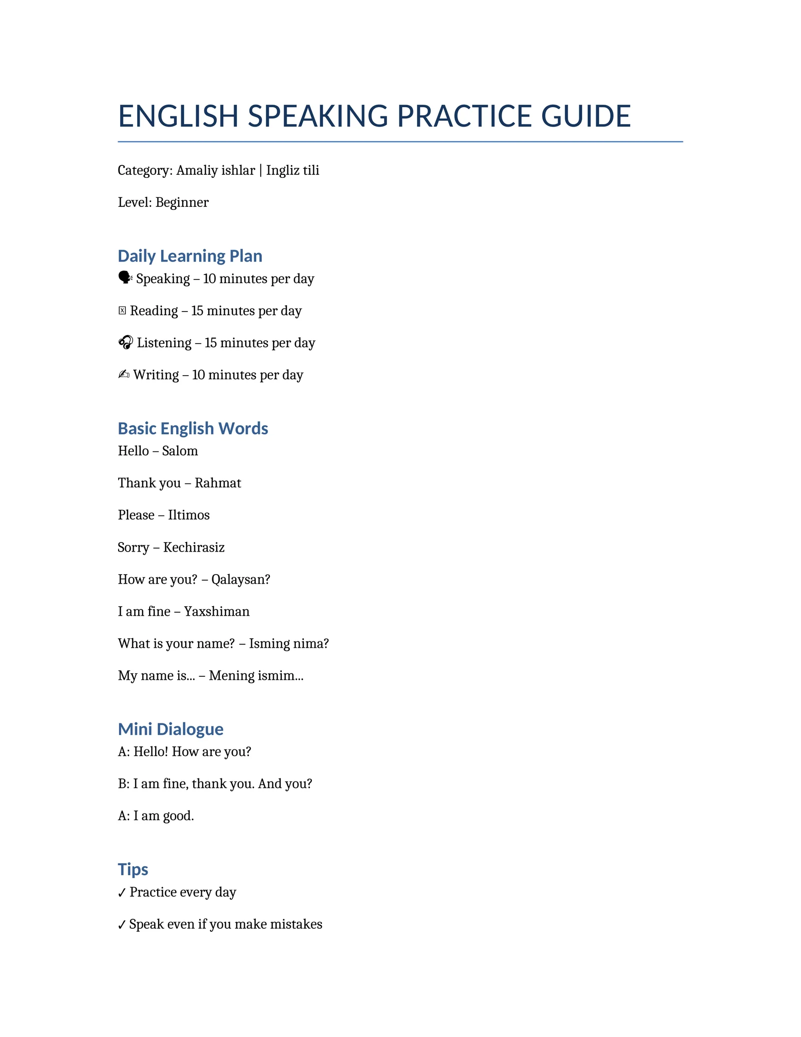 ENGLISH SPEAKING PRACTICE GUIDE