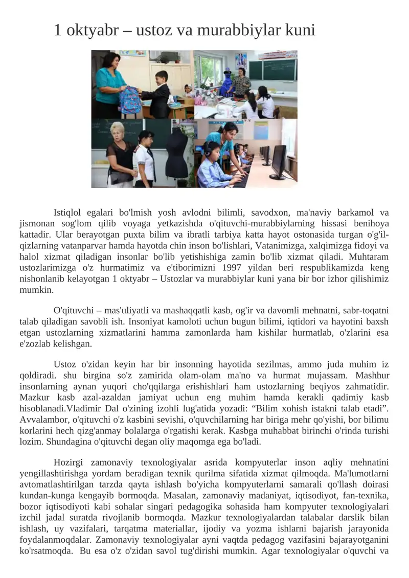 1 oktyabr – ustoz va murabbiylar kuni