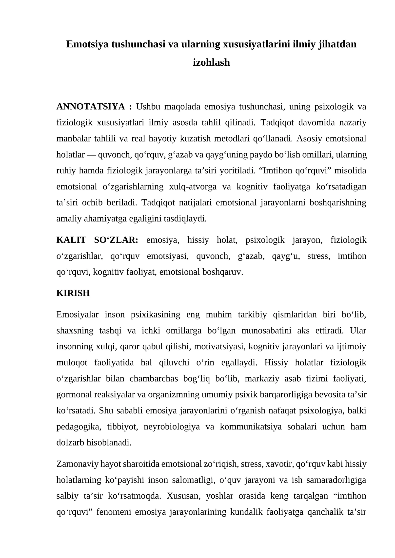Emotsiya tushunchasi va ularning xususiyatlarini ilmiy jihatdan izohlash