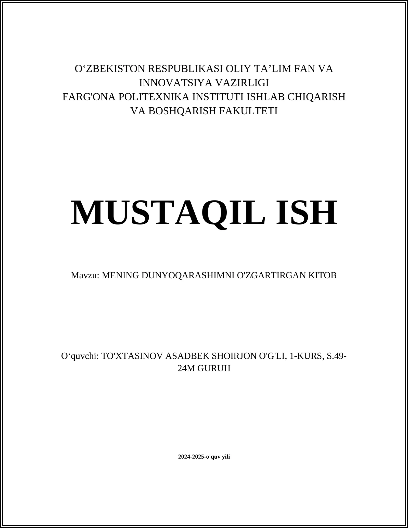 MENING DUNYOQARASHIMNI O'ZGARTIRGAN KITOB