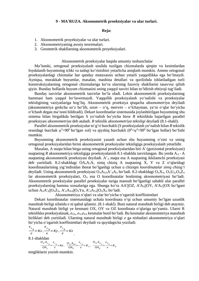 Aksonometrik proektsiyalar va ular turlari