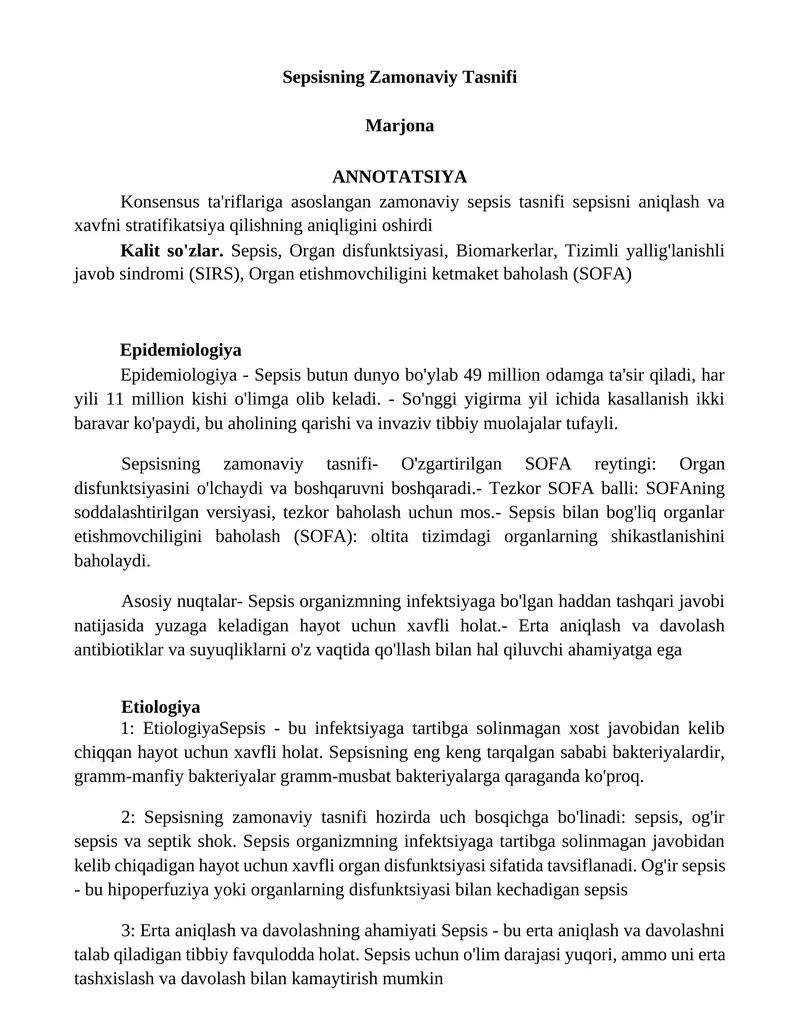 Sepsisning Zamonaviy Tasnifi