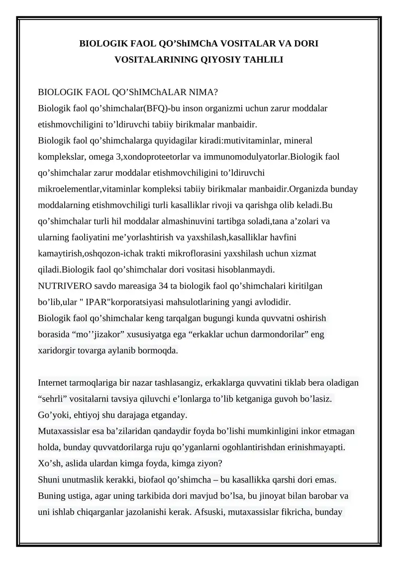 Biologik Faol Qo’shimchalar