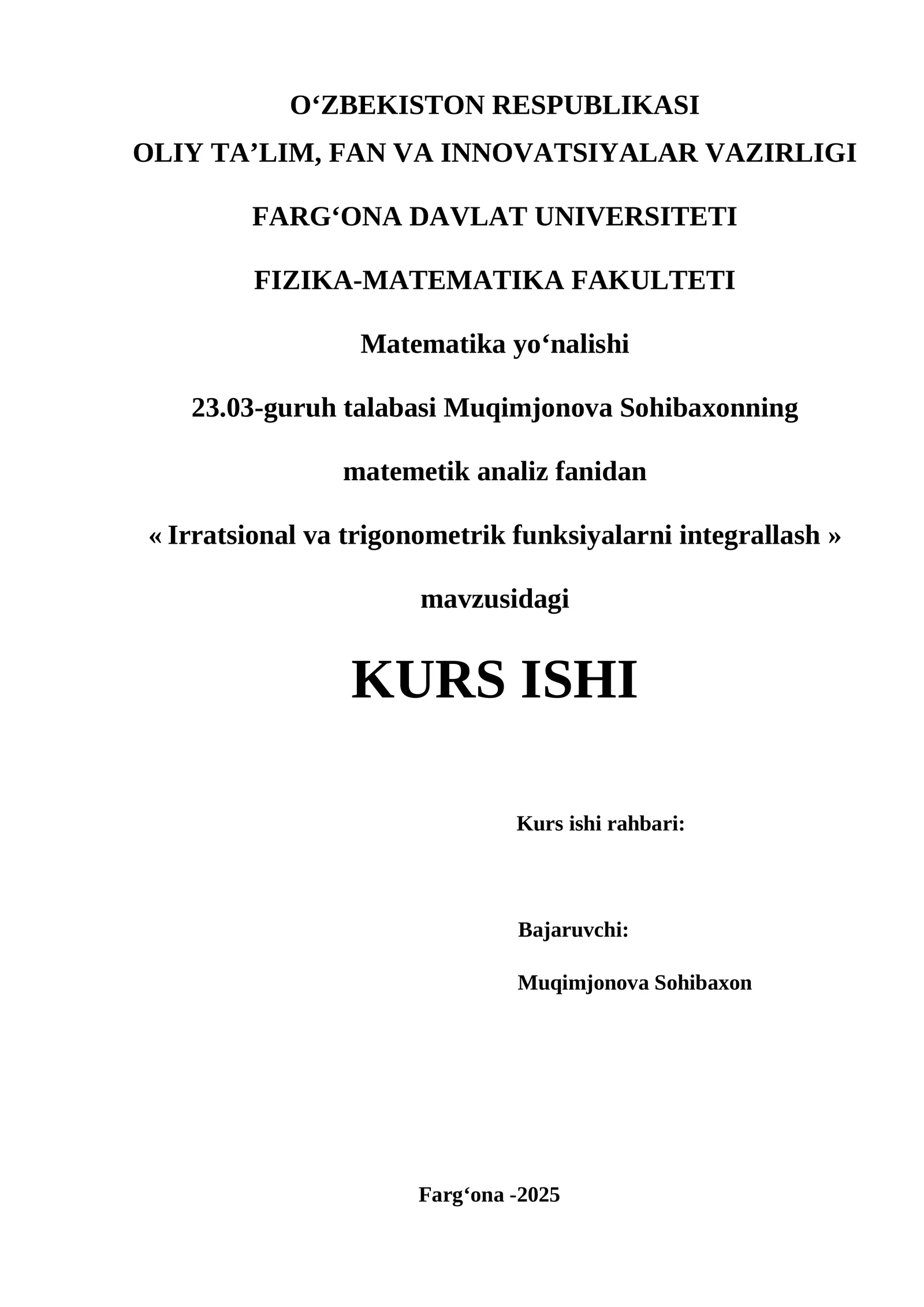 Irratsional va trigonometrik funksiyalarni integrallash