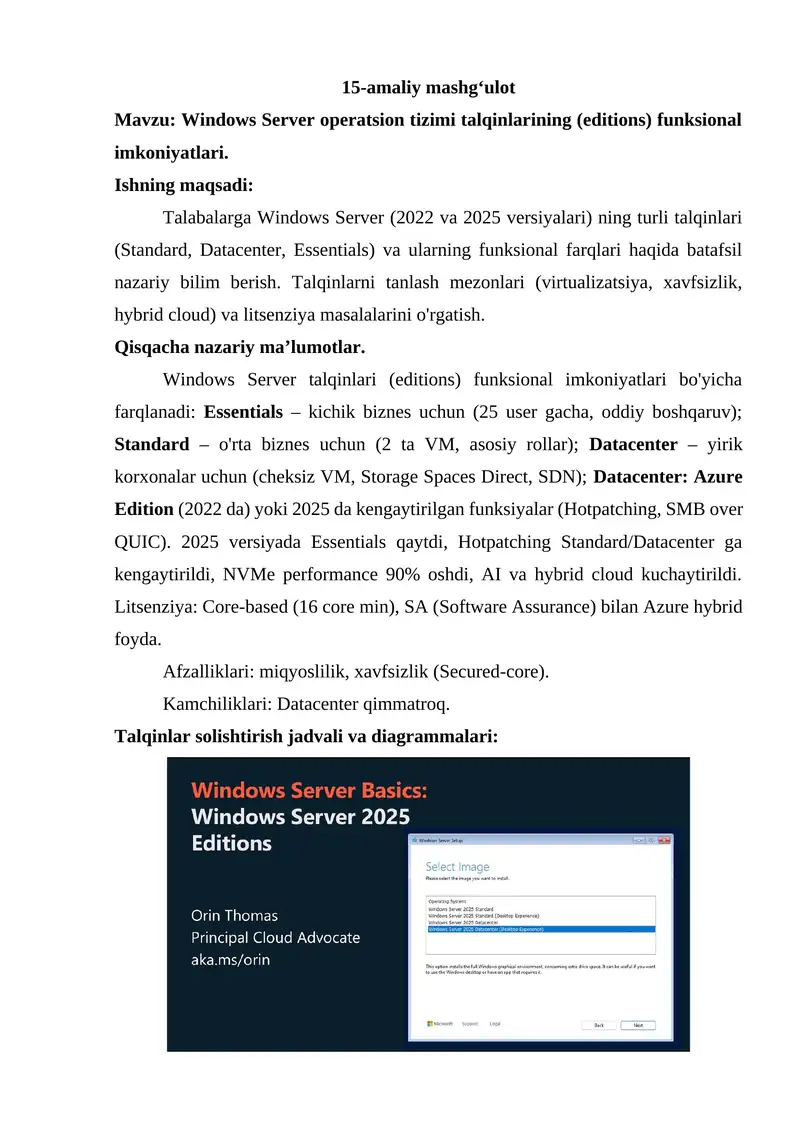 Windows Server operatsion tizimi talqinlarining (editions) funksional imkoniyatlari