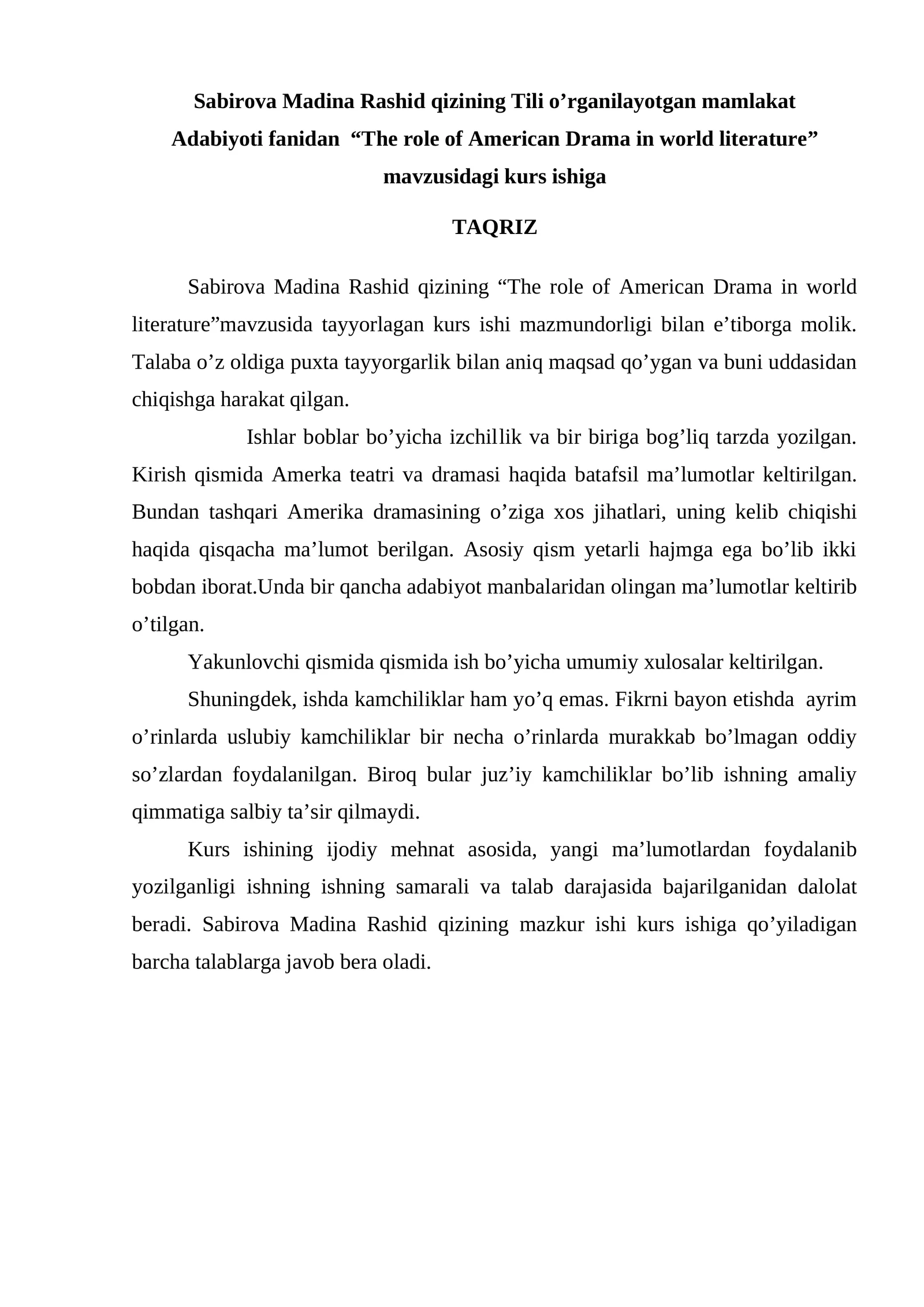 The role of American Drama in world literature kurs ishi