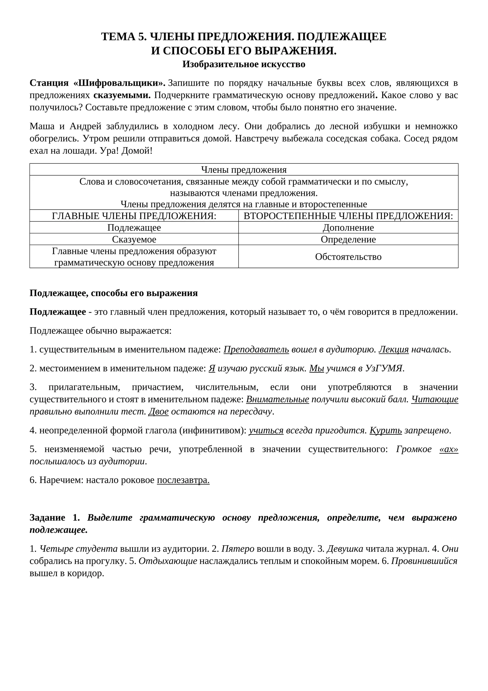 ЧЛЕНЫ ПРЕДЛОЖЕНИЯ. ПОДЛЕЖАЩЕЕ И СПОСОБЫ ЕГО ВЫРАЖЕНИЯ