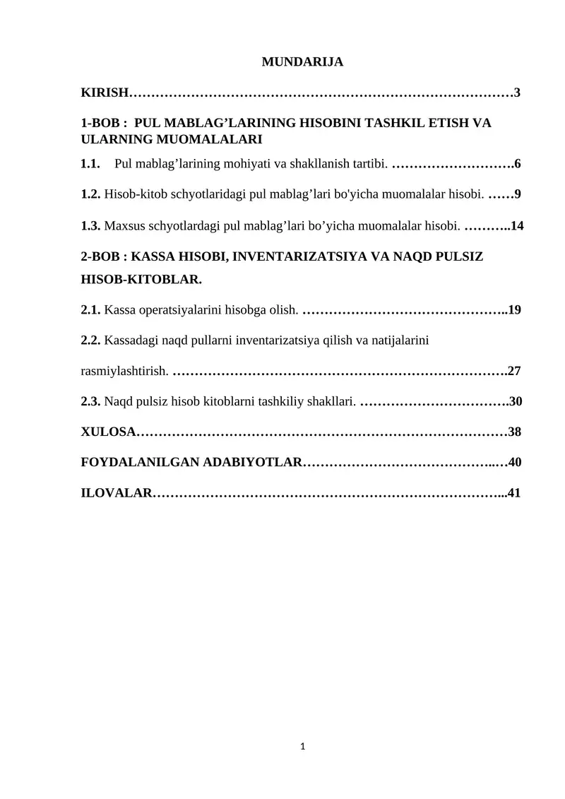KASSA HISOBI, INVENTARIZATSIYA VA NAQD PULSIZ HISOB-KITOBLAR