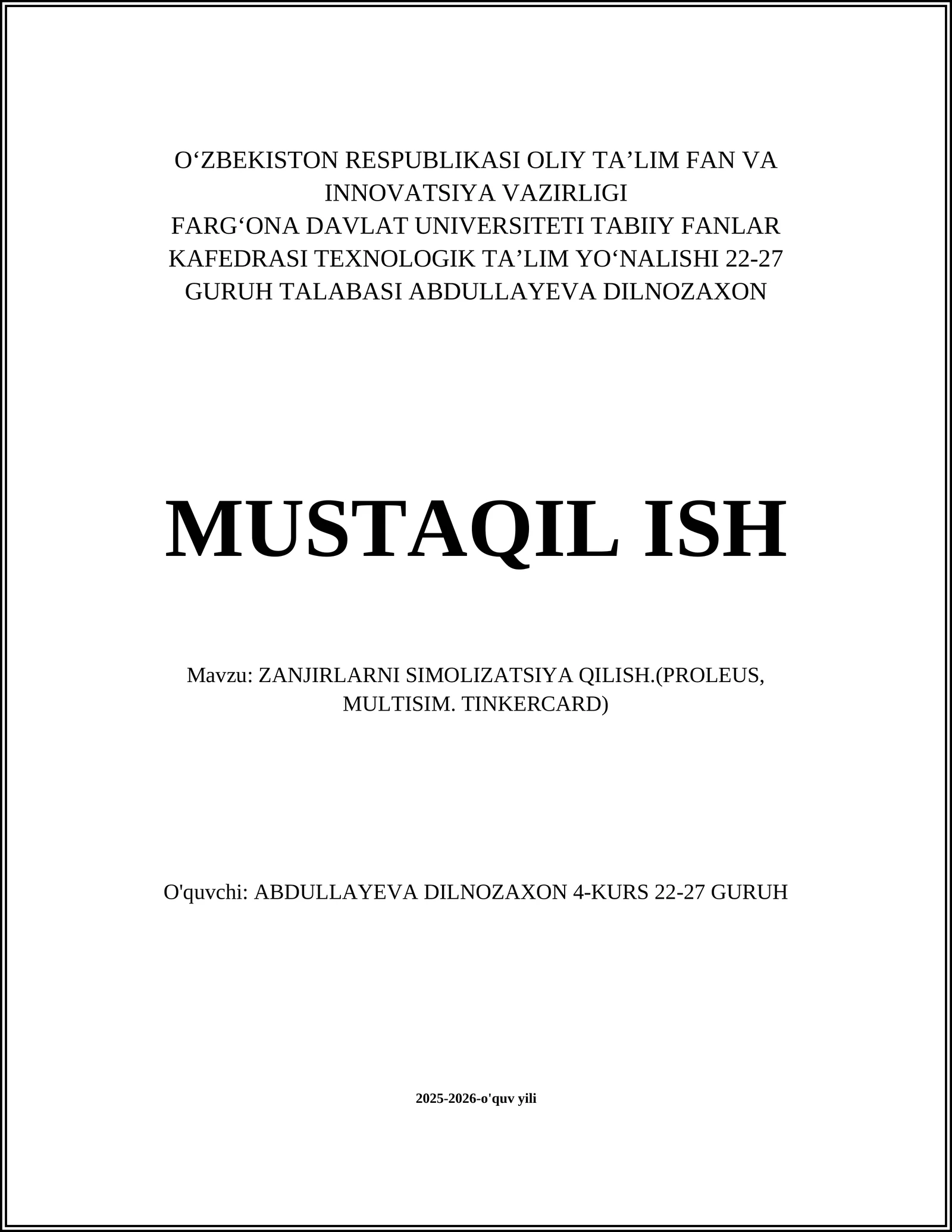 ZANJIRLARNI SIMOLIZATSIYA QILISH.(PROLEUS, MULTISIM. TINKERCARD)