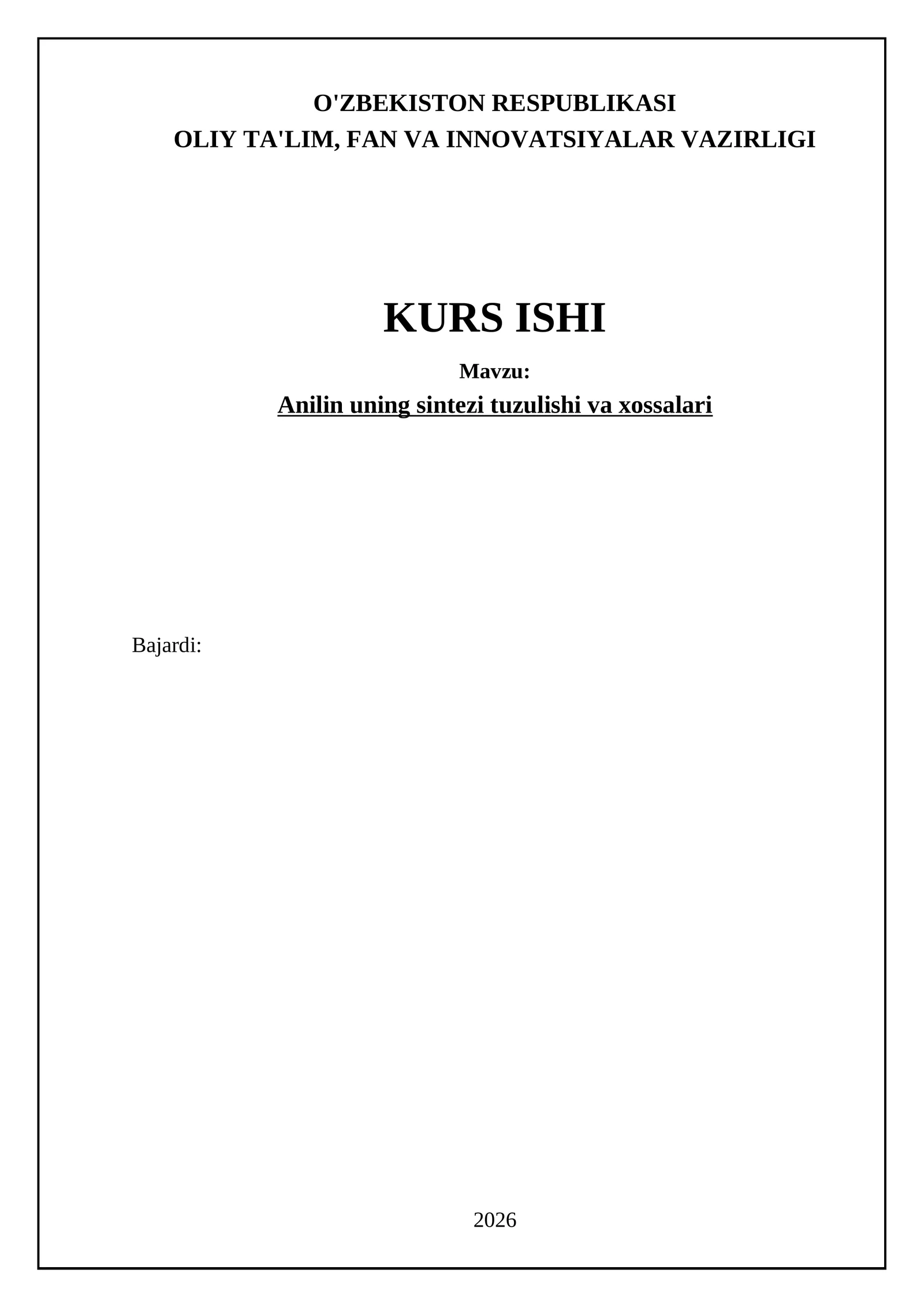 Anilin uning sintezi tuzulishi va xossalari