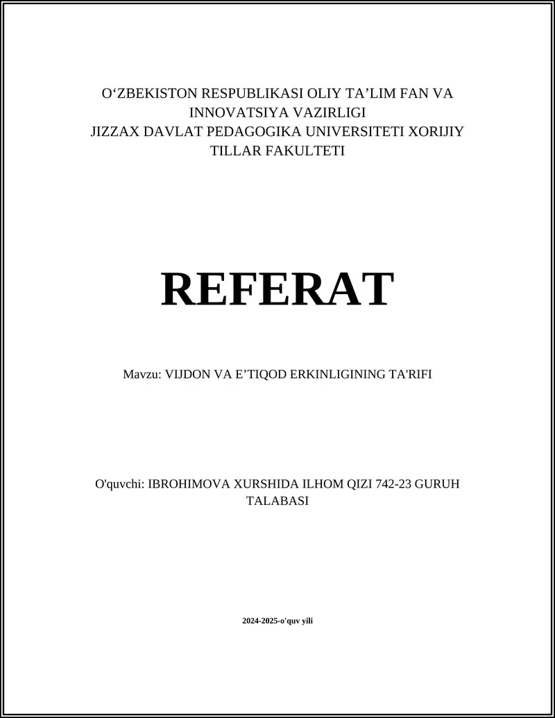 VIJDON VA E’TIQOD ERKINLIGINING TA'RIFI
