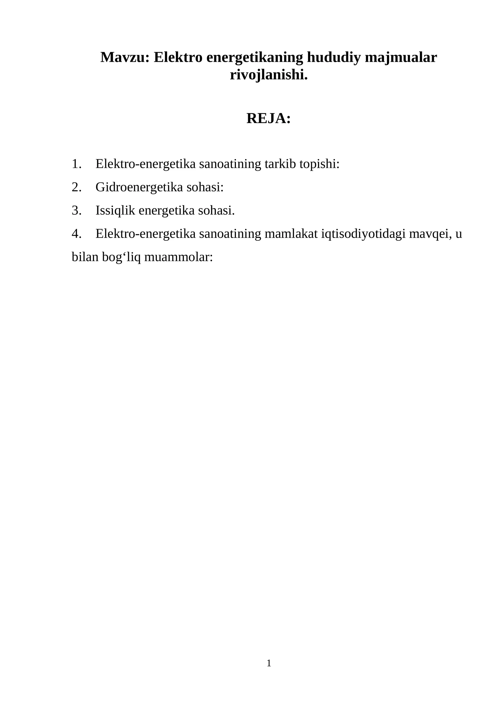 Elektro energetikaning hududiy majmualar rivojlanishi