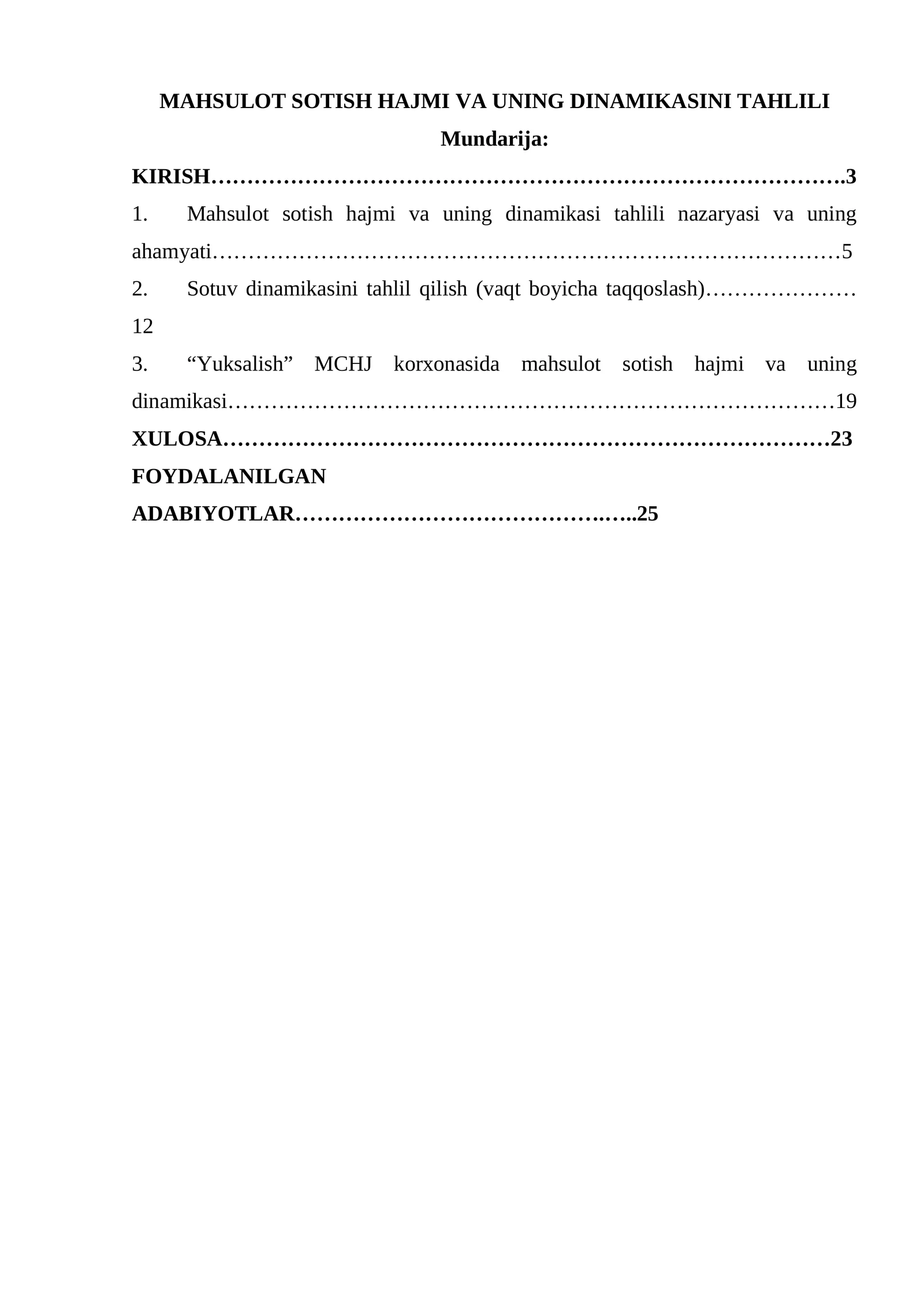 MAHSULOT SOTISH HAJMI VA UNING DINAMIKASINI TAHLILI