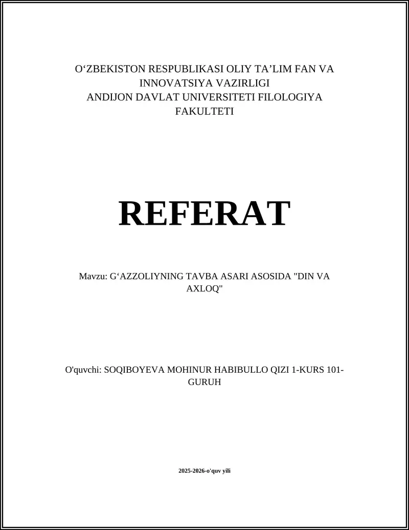 G‘AZZOLIYNING TAVBA ASARI ASOSIDA "DIN VA AXLOQ"