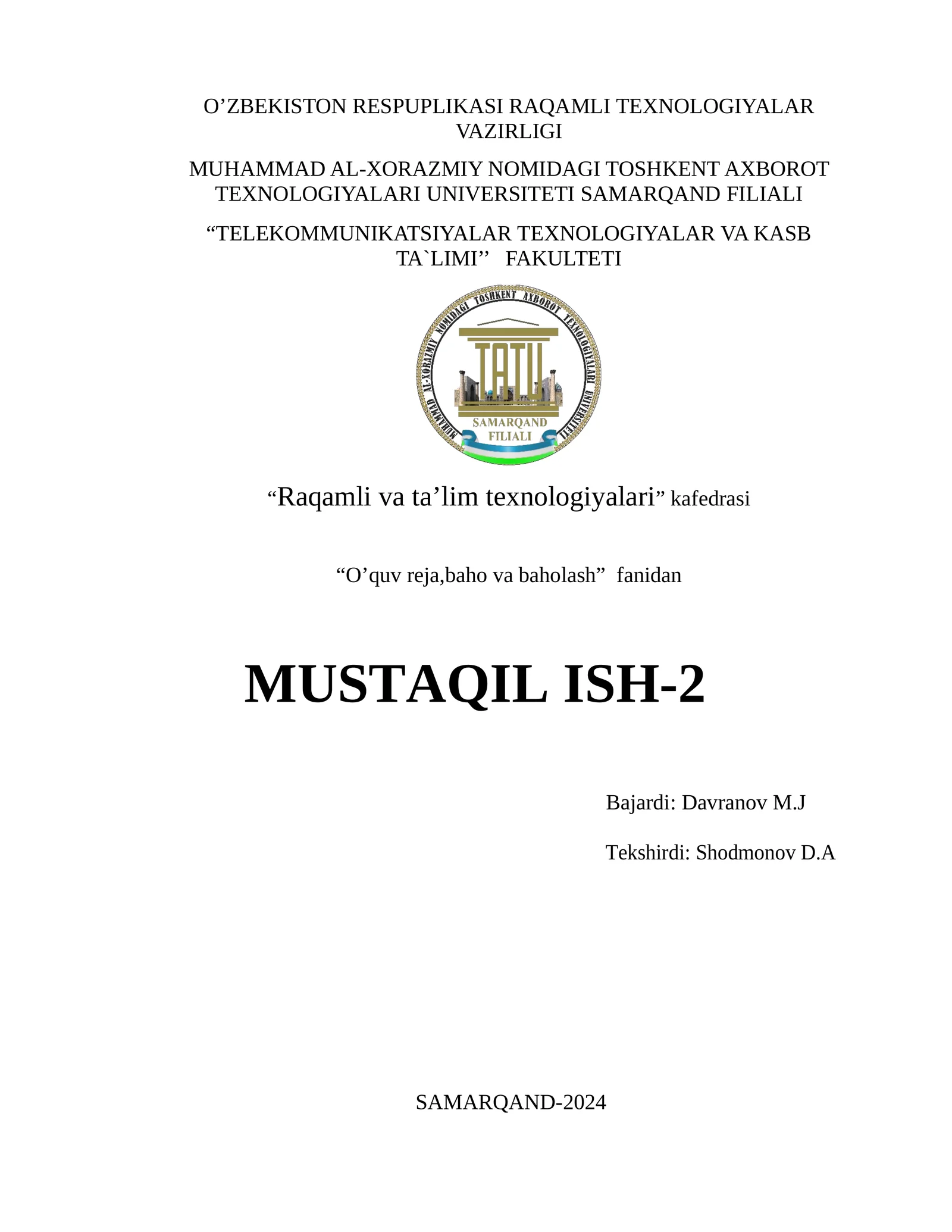 O'quv fani bo'yicha kurs ishi va loyihasi uchun mavzular shakllantirish