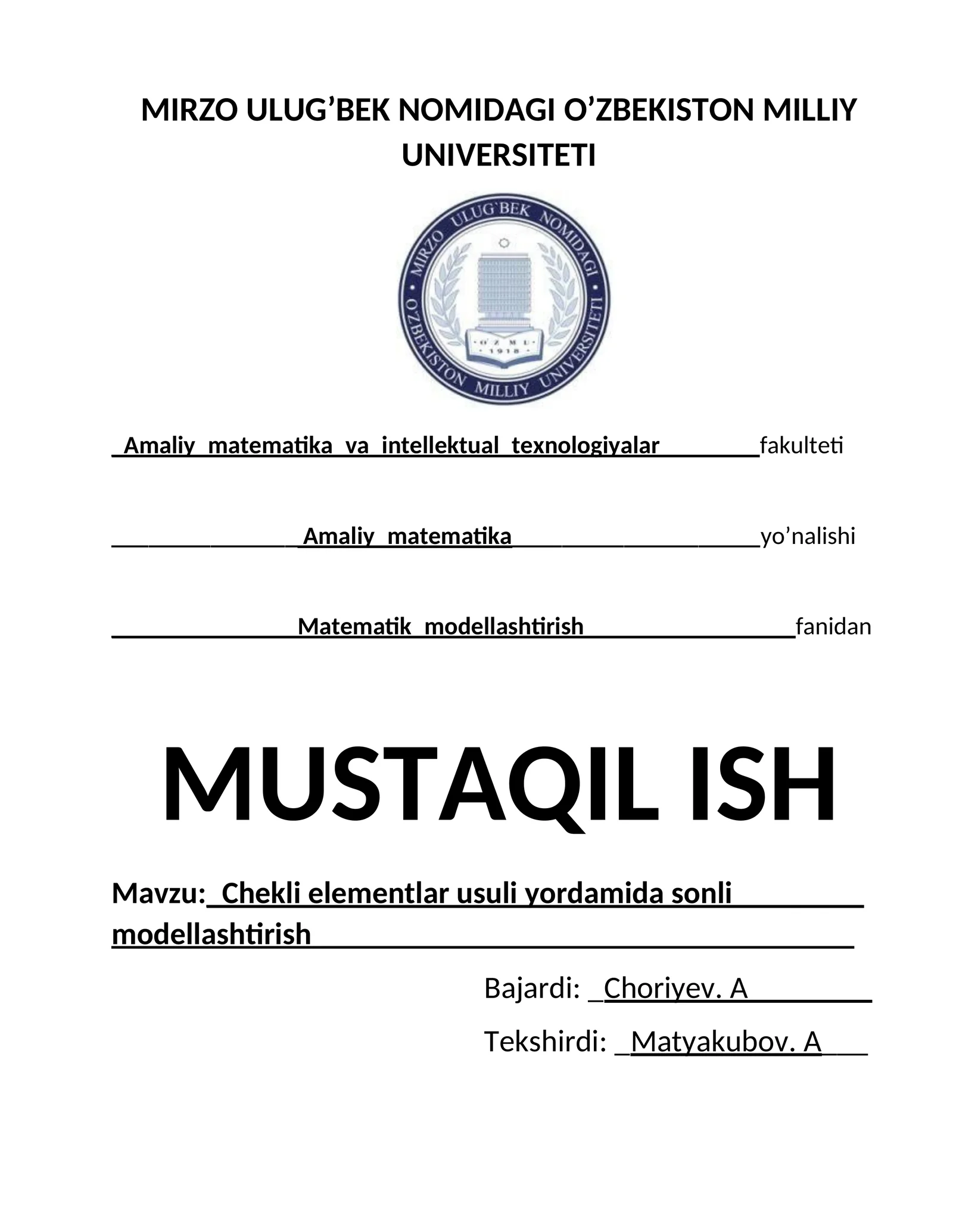 Usuli Chekli elementlar usuli yordamida sonli modellashtirish