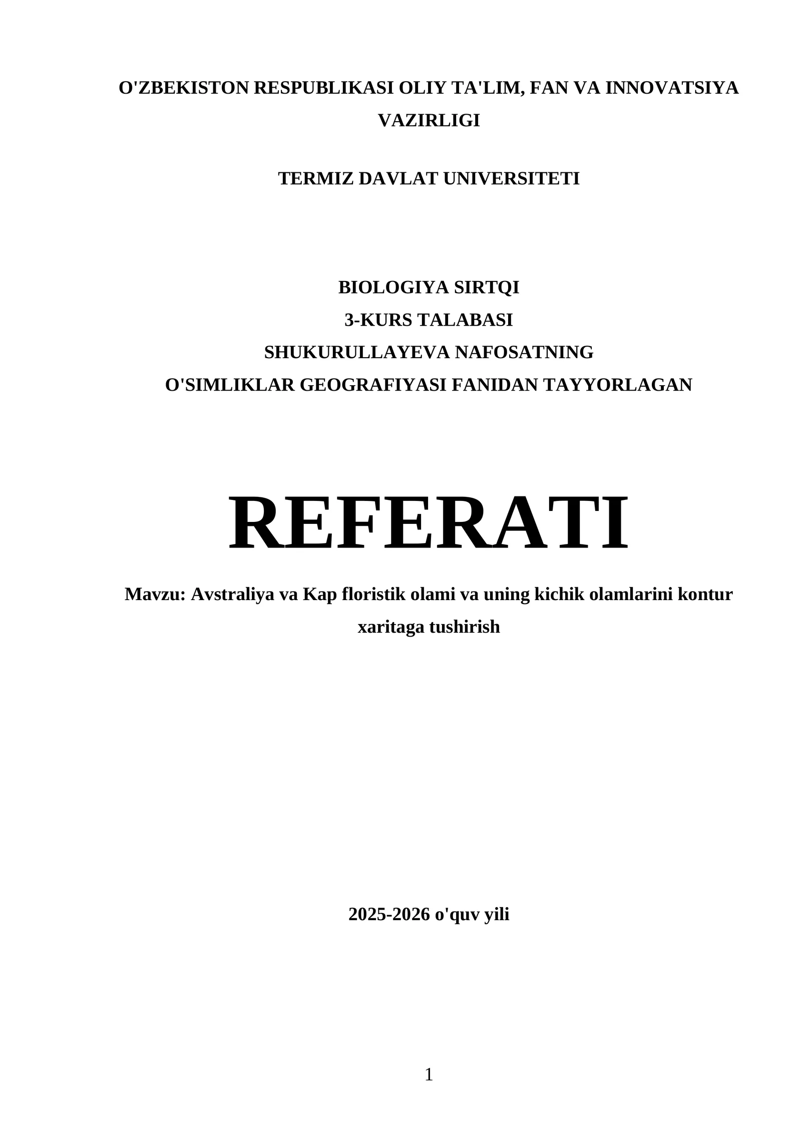 Avstraliya va Kap floristik olami va uning kichik olamlarini kontur xaritaga tushirish Referati